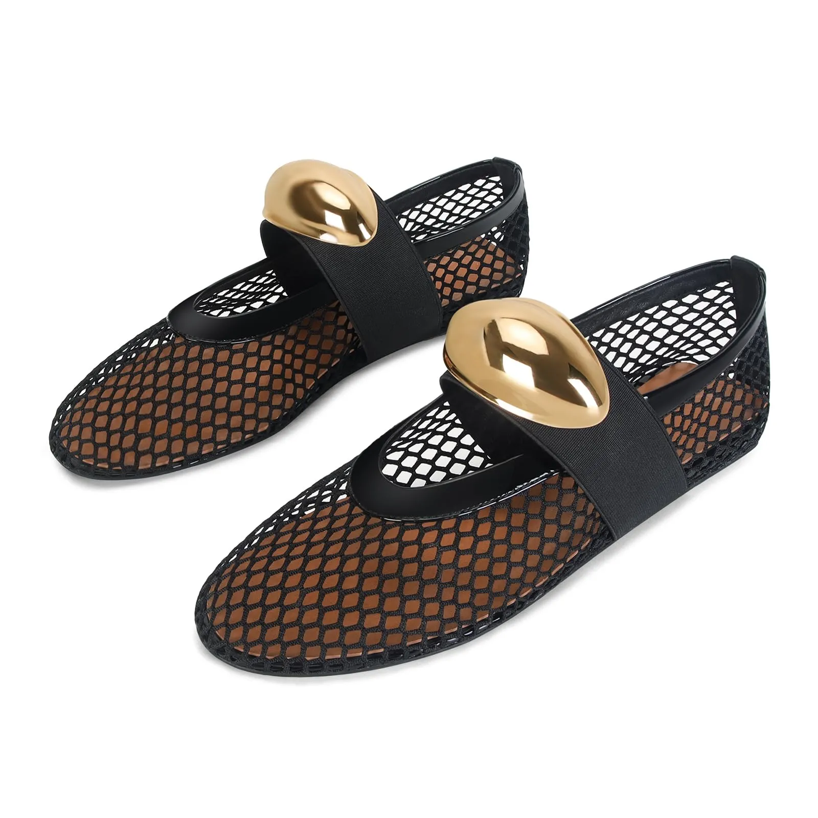 DOEYG Ballerine da Donna in Rete con Cinturino con Fibbia, Tacco Piatto, Nero e Oro, 38.5 EU - immagine 1