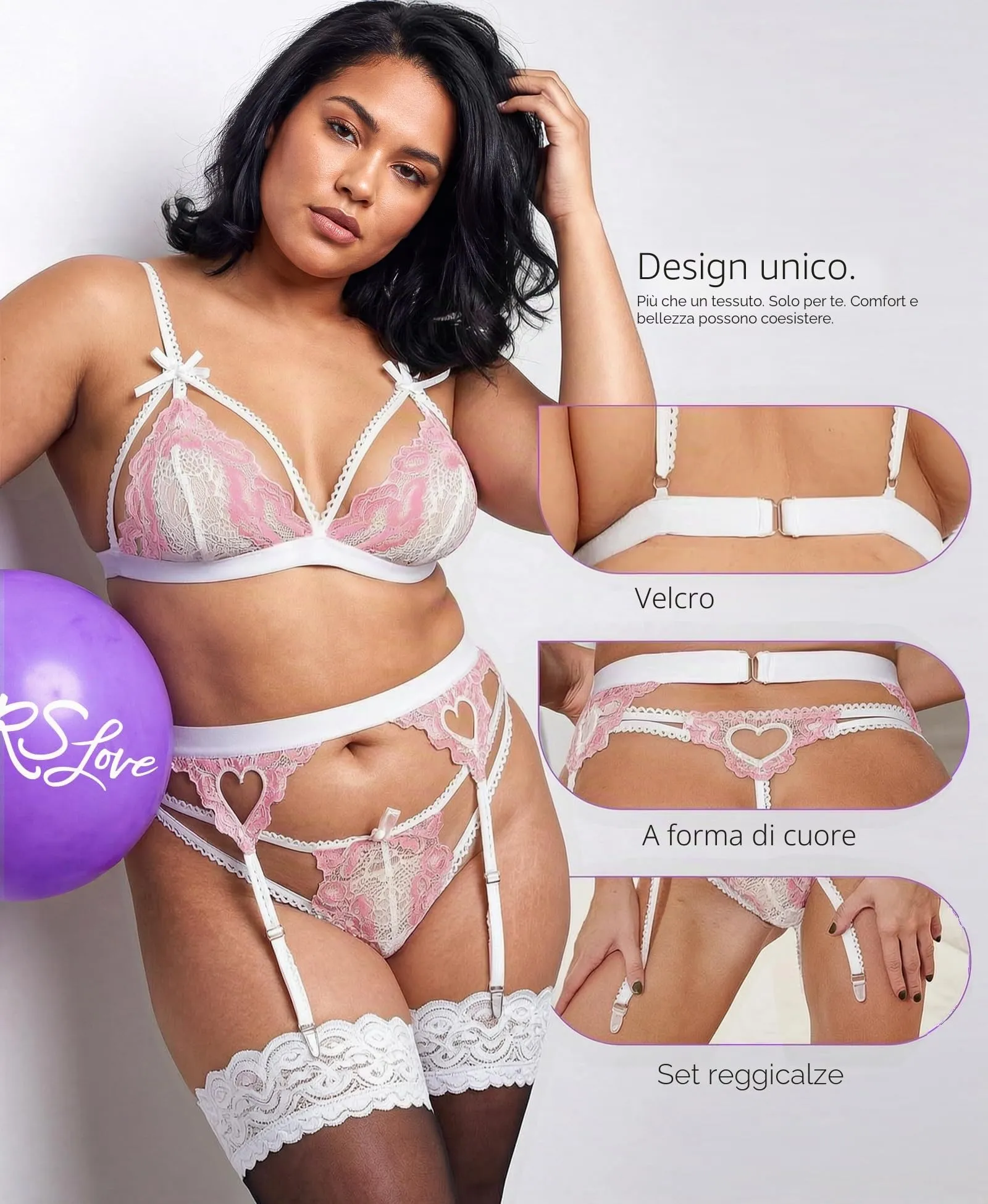 RSLOVE Set Lingerie in Pizzo con Reggicalze, 3 Pezzi, Bianco Rosa, XL - immagine 4