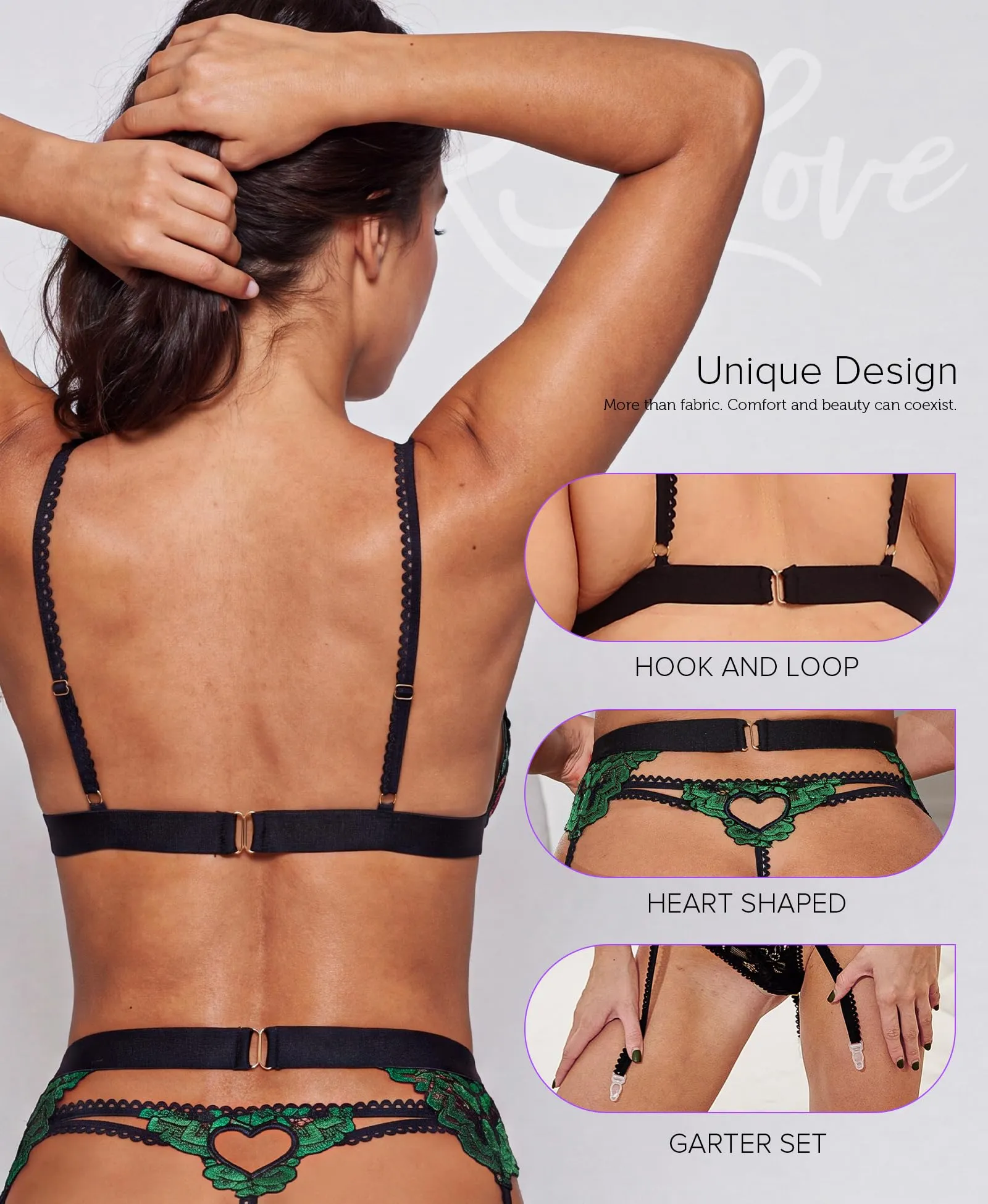 RSLOVE Set Lingerie da Donna in Pizzo con Reggiseno, Slip e Giarrettiera, Nero Verde, L - immagine 4