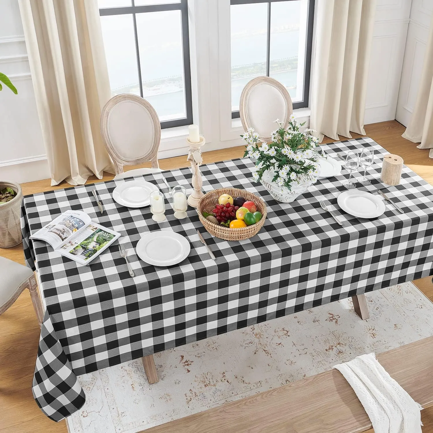 Softalker Tovaglia Rettangolare a Quadri Gingham Impermeabile, Nero e Bianco, 152 x 259 cm, Confezione da 2 - immagine 2