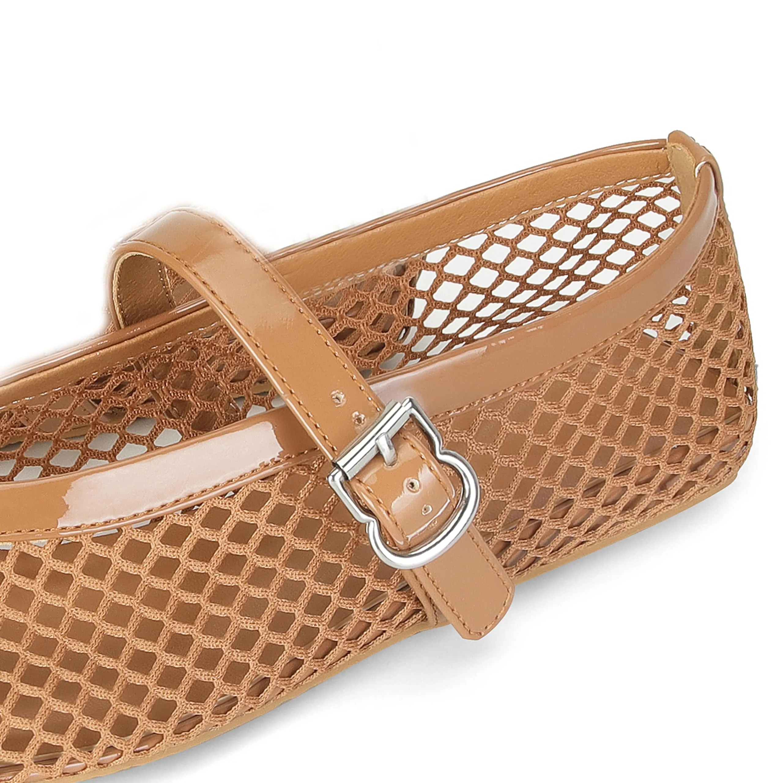 DOEYG Ballerine da donna in rete con cinturino con fibbia, Marrone, 38.5 EU - immagine 6