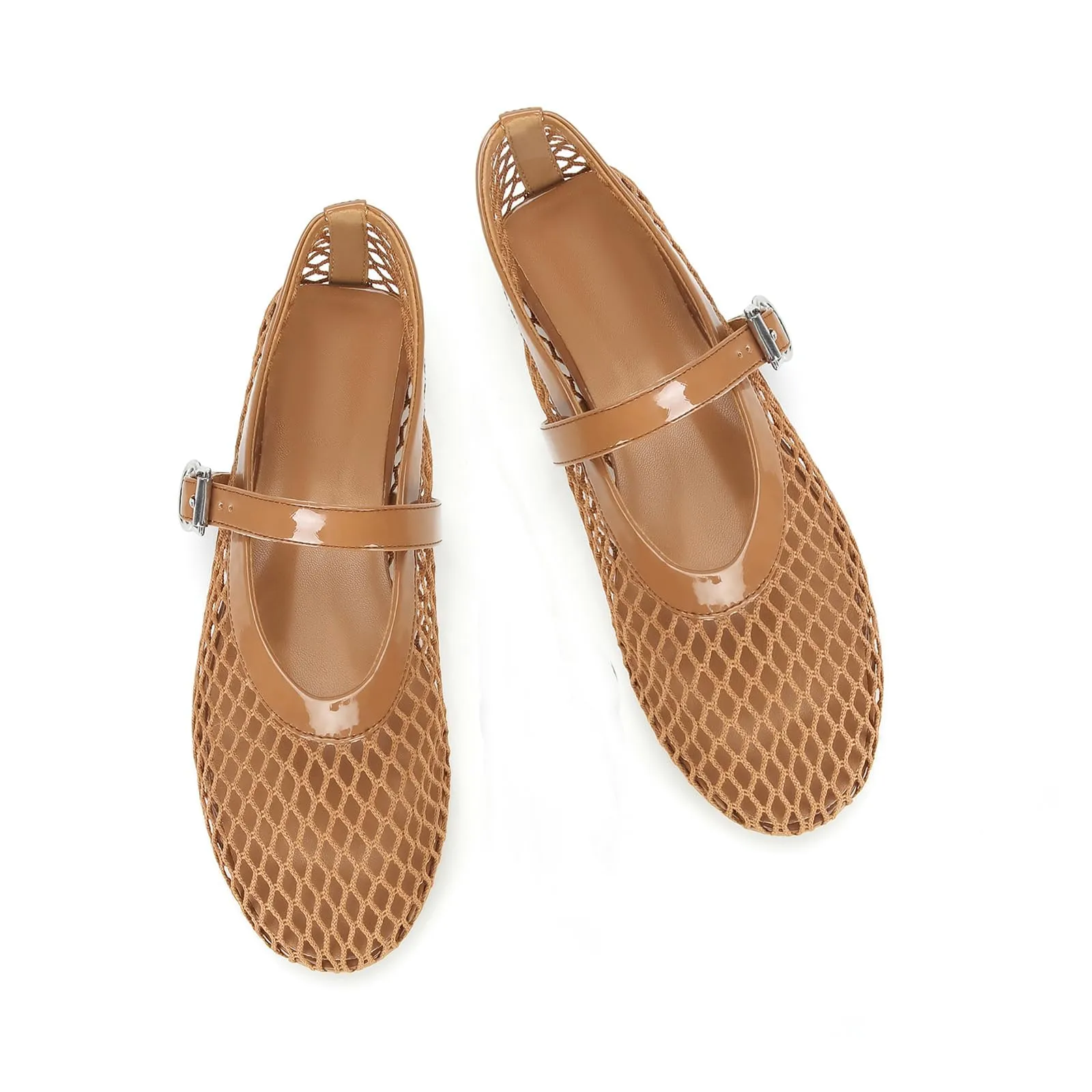 DOEYG Ballerine da donna in rete con cinturino e fibbia, marrone chiaro, 37 EU - immagine 4