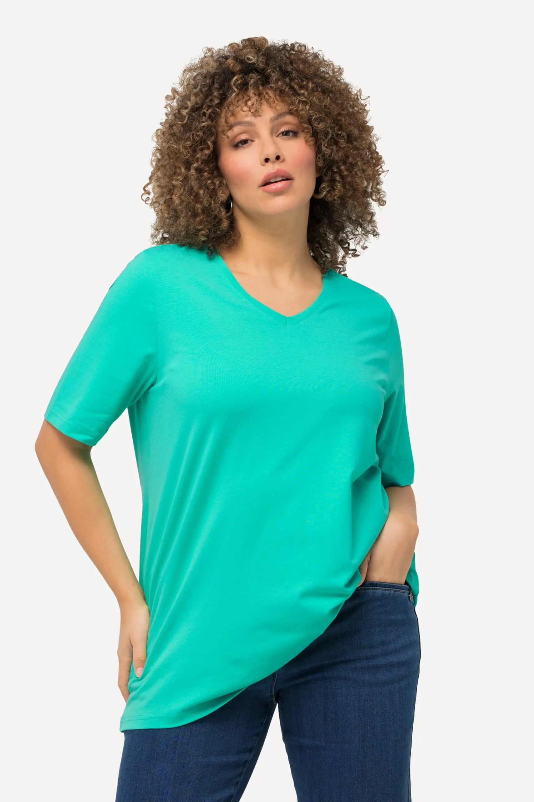Ulla Popken Donna T-Shirt Linea A Scollo a V Mezza Manica Verde Turchese 64 IT/66 IT - immagine 6