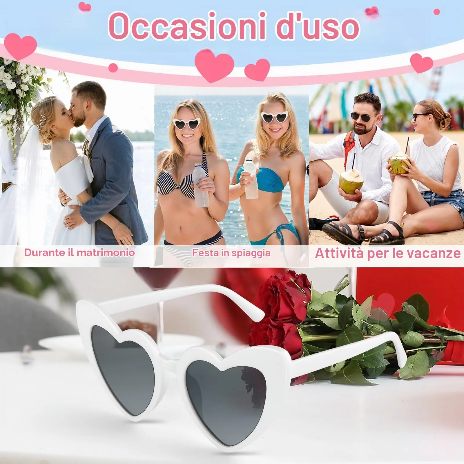 BOUBONI Occhiali da sole a forma di cuore vintage per donna, Bianco, 15.3cm - immagine 4
