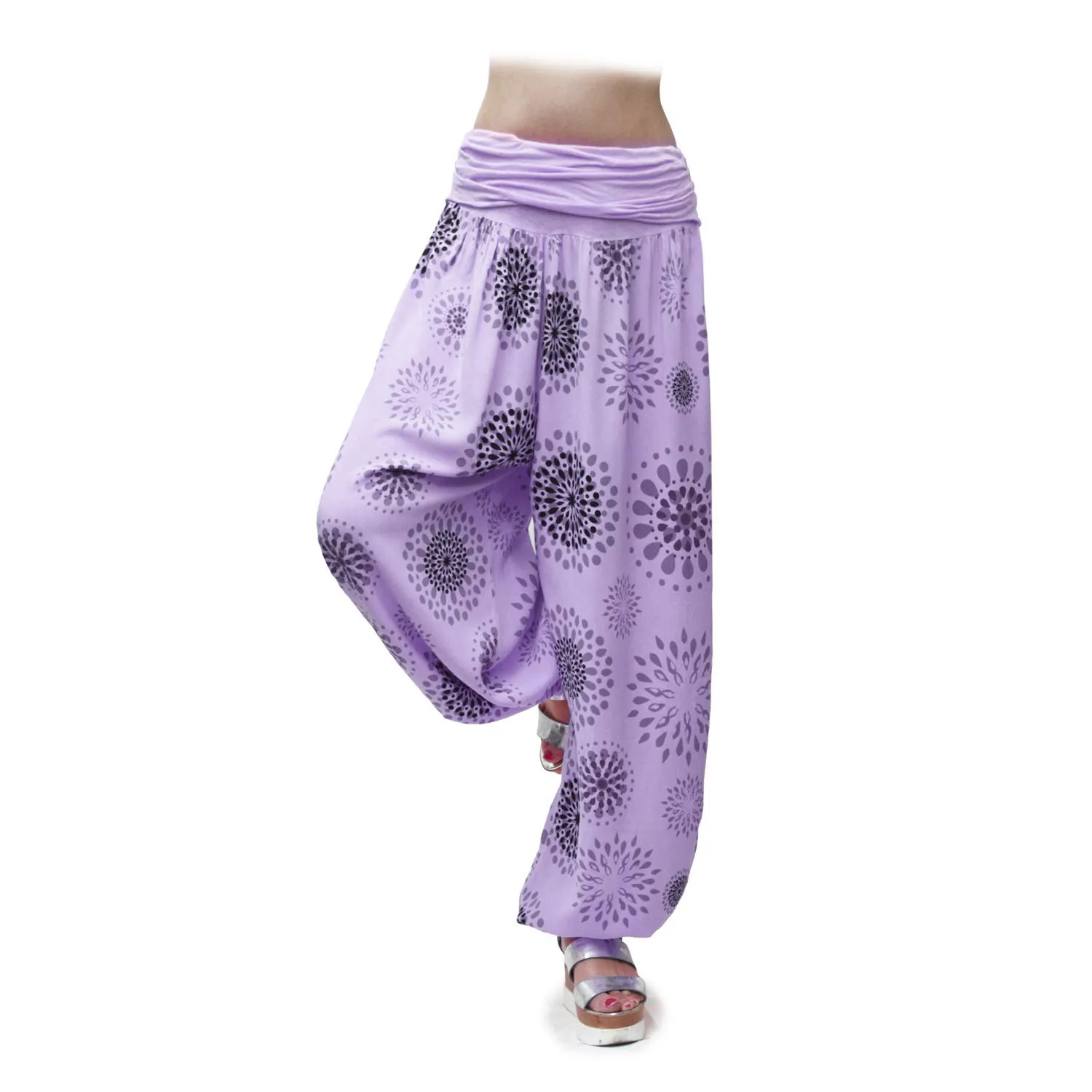 GLAMEXX24 Pantaloni Harem Donna in Viscosa, Larga Casual per Yoga, Pilates e Danza, Lilla Chiaro con Motivo a Cerchi - immagine 3