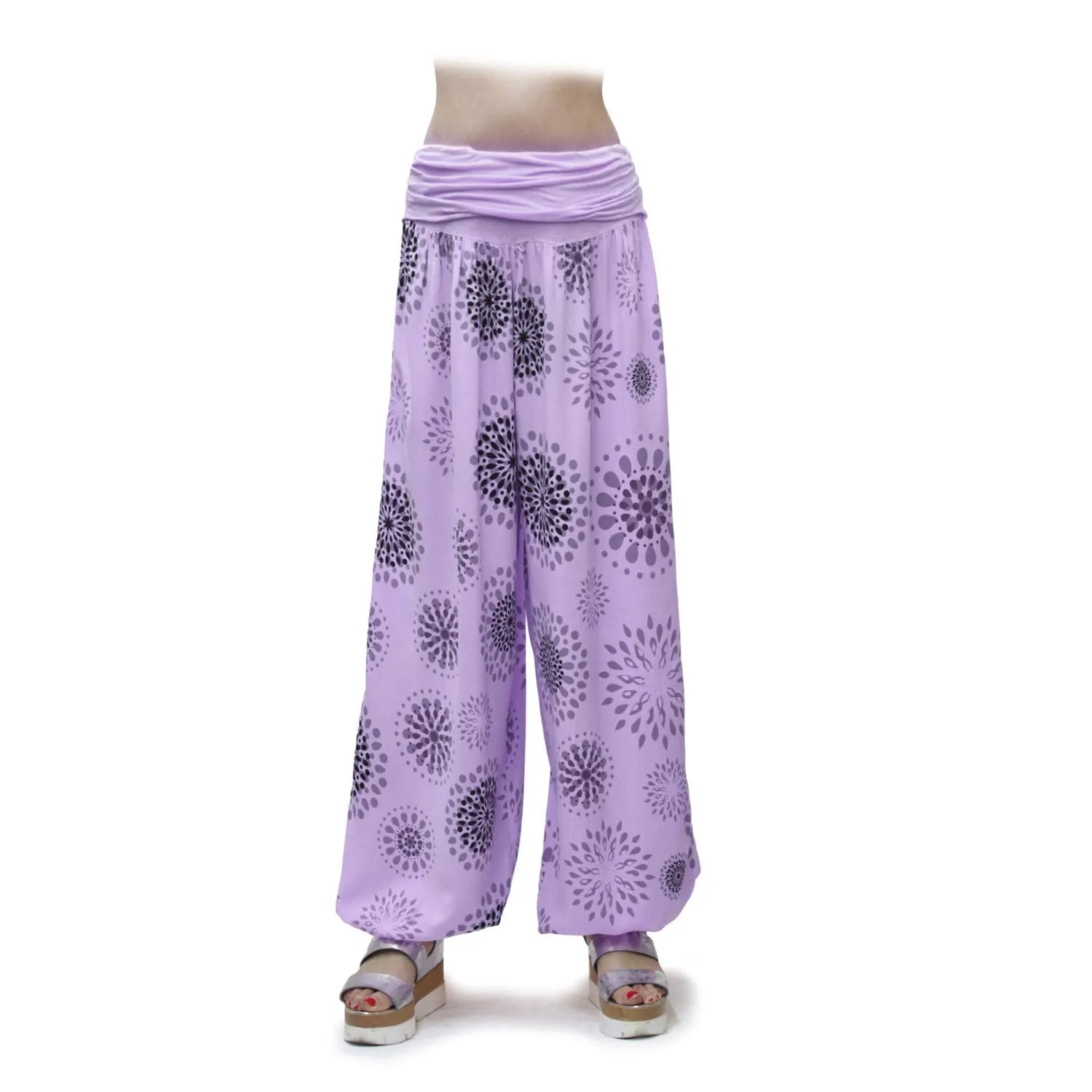 GLAMEXX24 Pantaloni Harem Donna in Viscosa, Larga Casual per Yoga, Pilates e Danza, Lilla Chiaro con Motivo a Cerchi - immagine 4