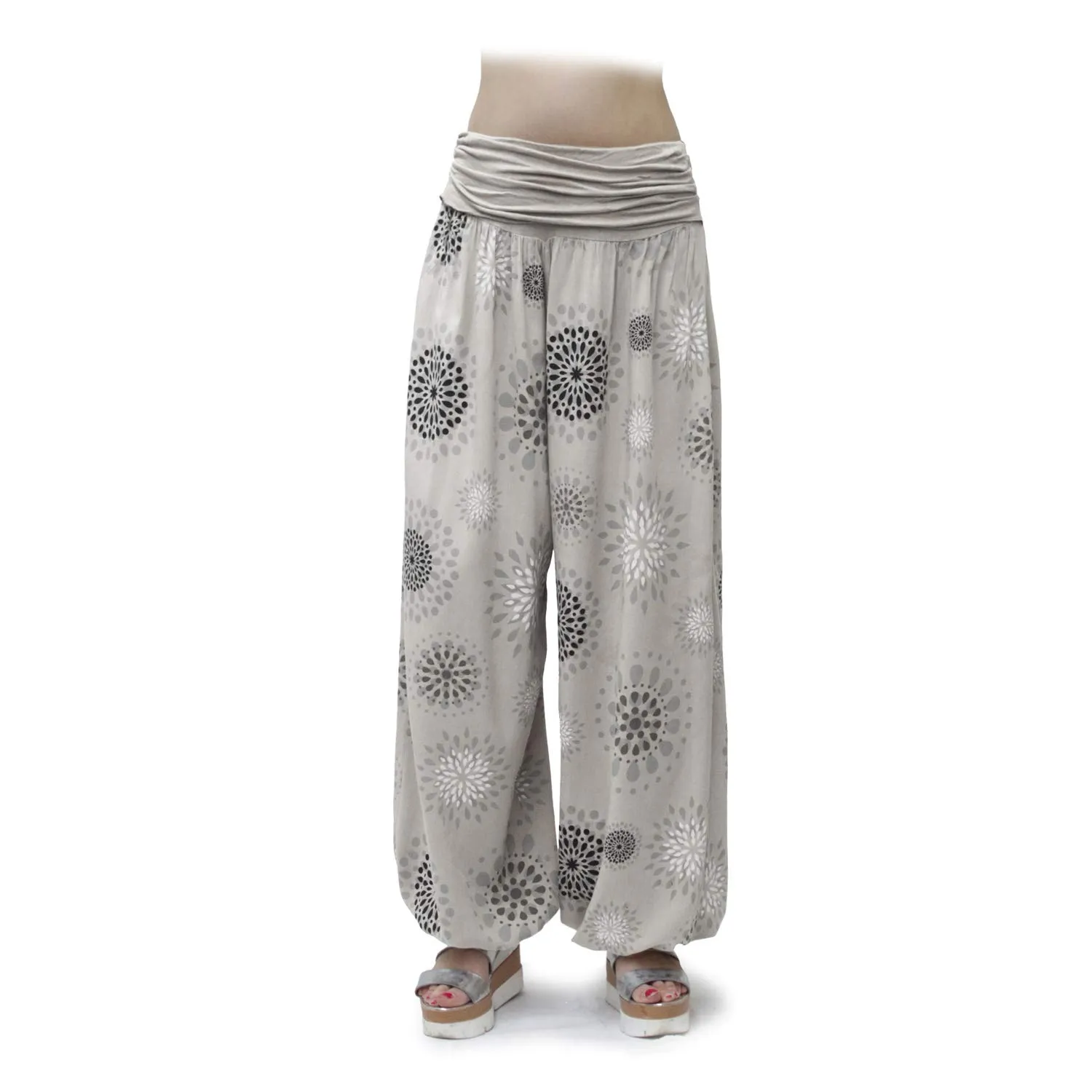 GLAMEXX24 Pantaloni Harem Donna, Pantaloni Yoga Casual con Tasche, Estivi Leggeri per Jogging, Danza, Pilates - Viscosa, Beige con Motivo a Cerchi - immagine 2