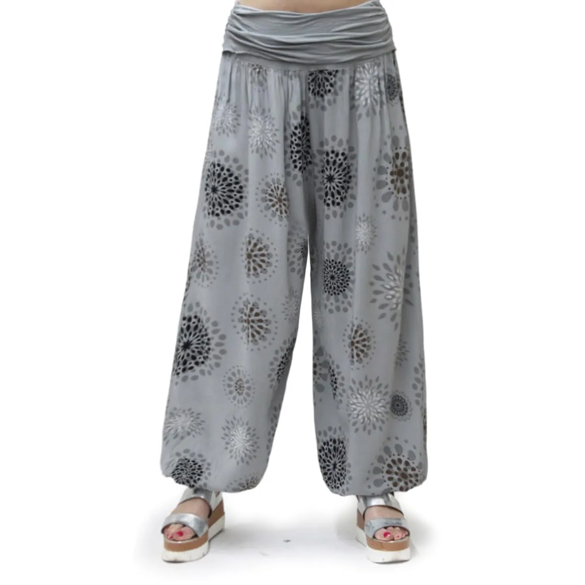 GLAMEXX24 Pantaloni Harem Donna, Casual Larga per Yoga, Pilates e Danza, Viscosa, Grigio con Motivo a Cerchi - immagine 2