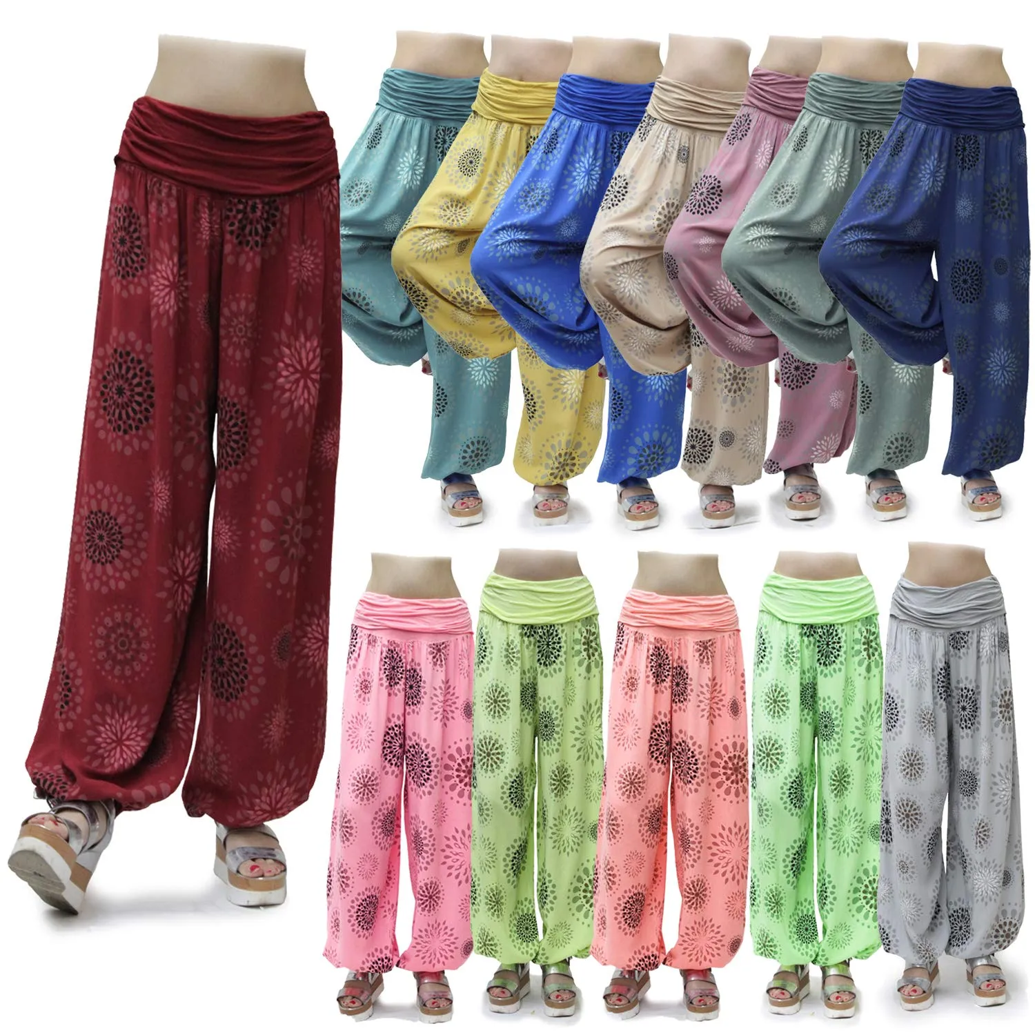 GLAMEXX24 Pantaloni Harem Donna, Casual Larga per Yoga, Pilates e Danza, Viscosa, Grigio con Motivo a Cerchi - immagine 7