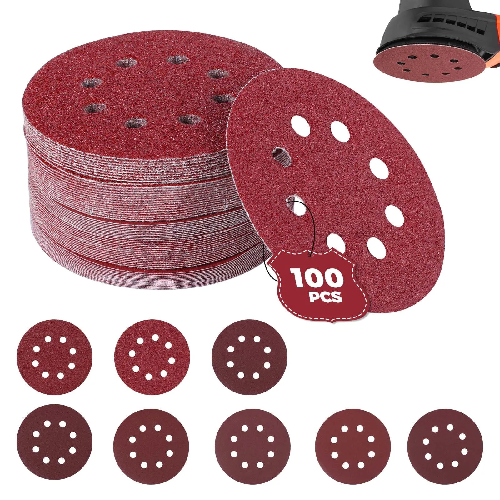 Sinand SZ-125 Dischi di Carta Vetrata Rotonda 125 mm, 8 Fori, 100 Pezzi, Grane Assortite - immagine 1
