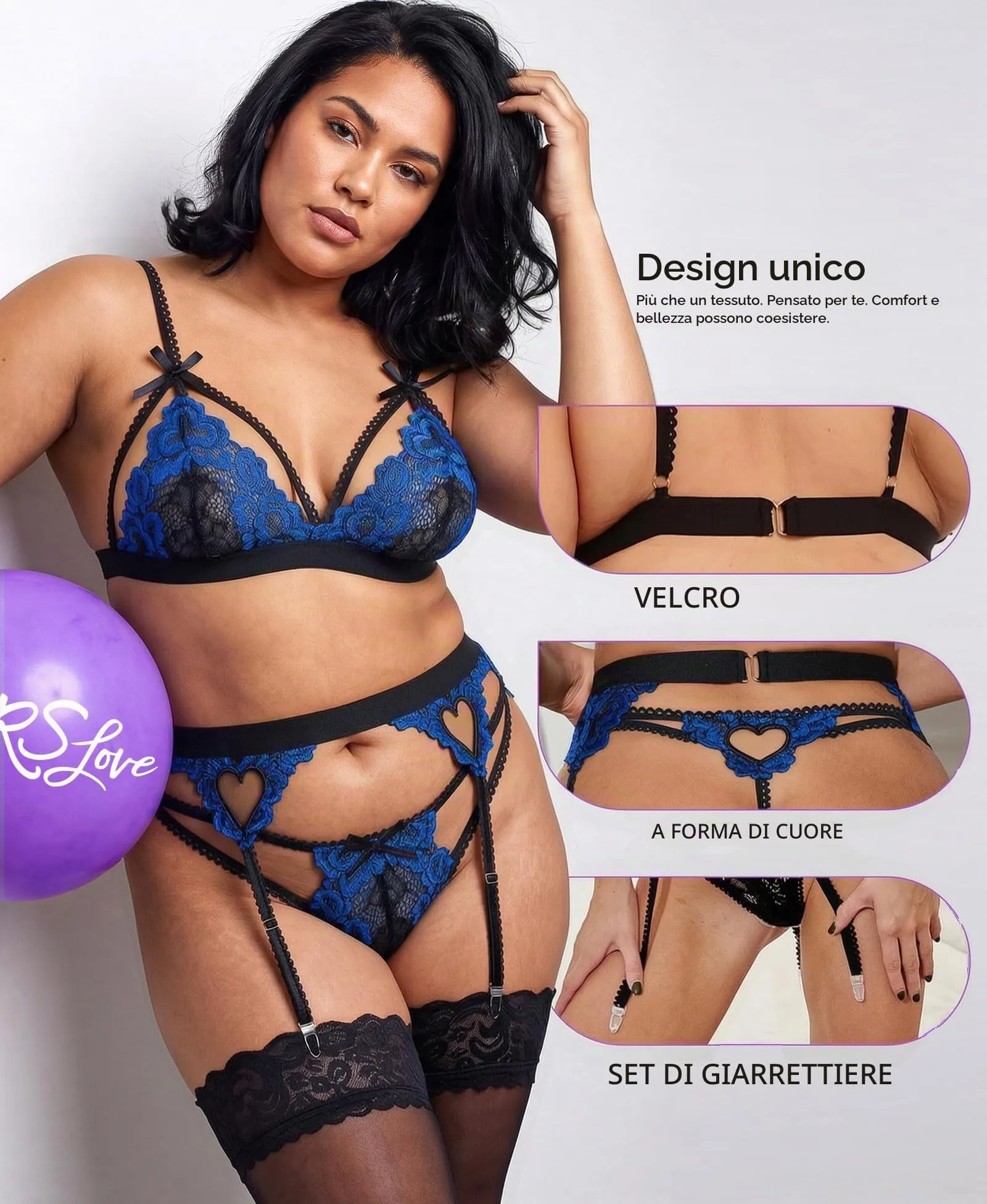 RSLOVE Set Lingerie in Pizzo con Reggiseno, Slip e Giarrettiera, Nero, L - immagine 3