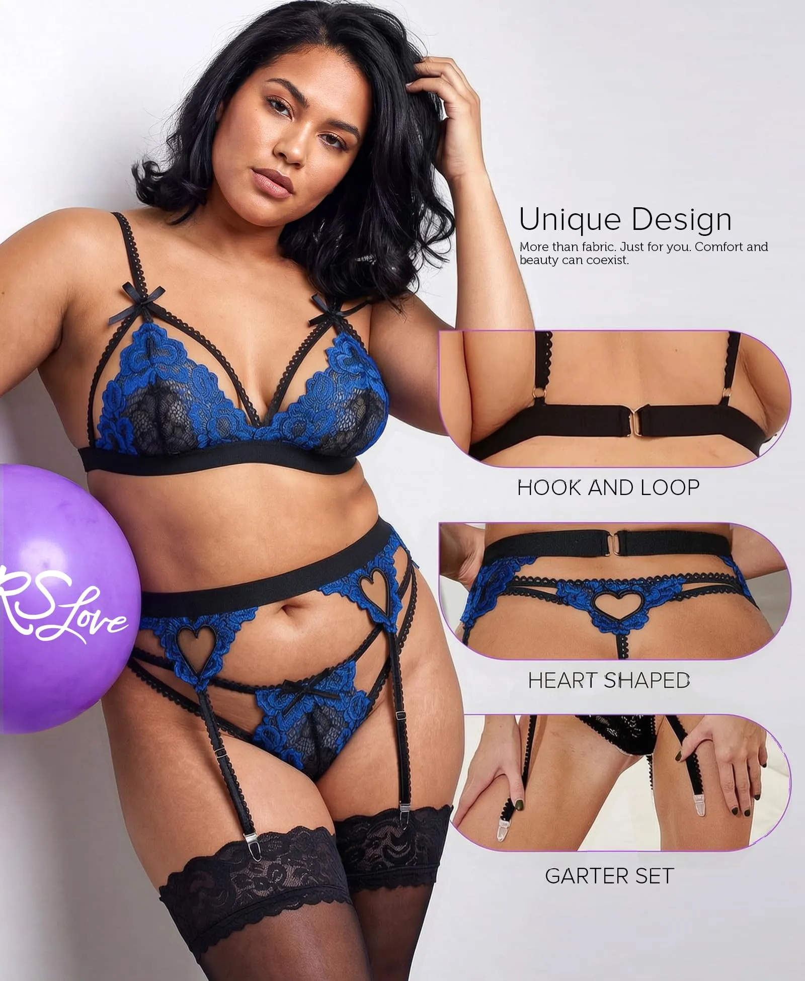 RSLOVE Set Lingerie da Donna in Pizzo con Reggiseno, Slip e Giarrettiera, Nero, S - immagine 3