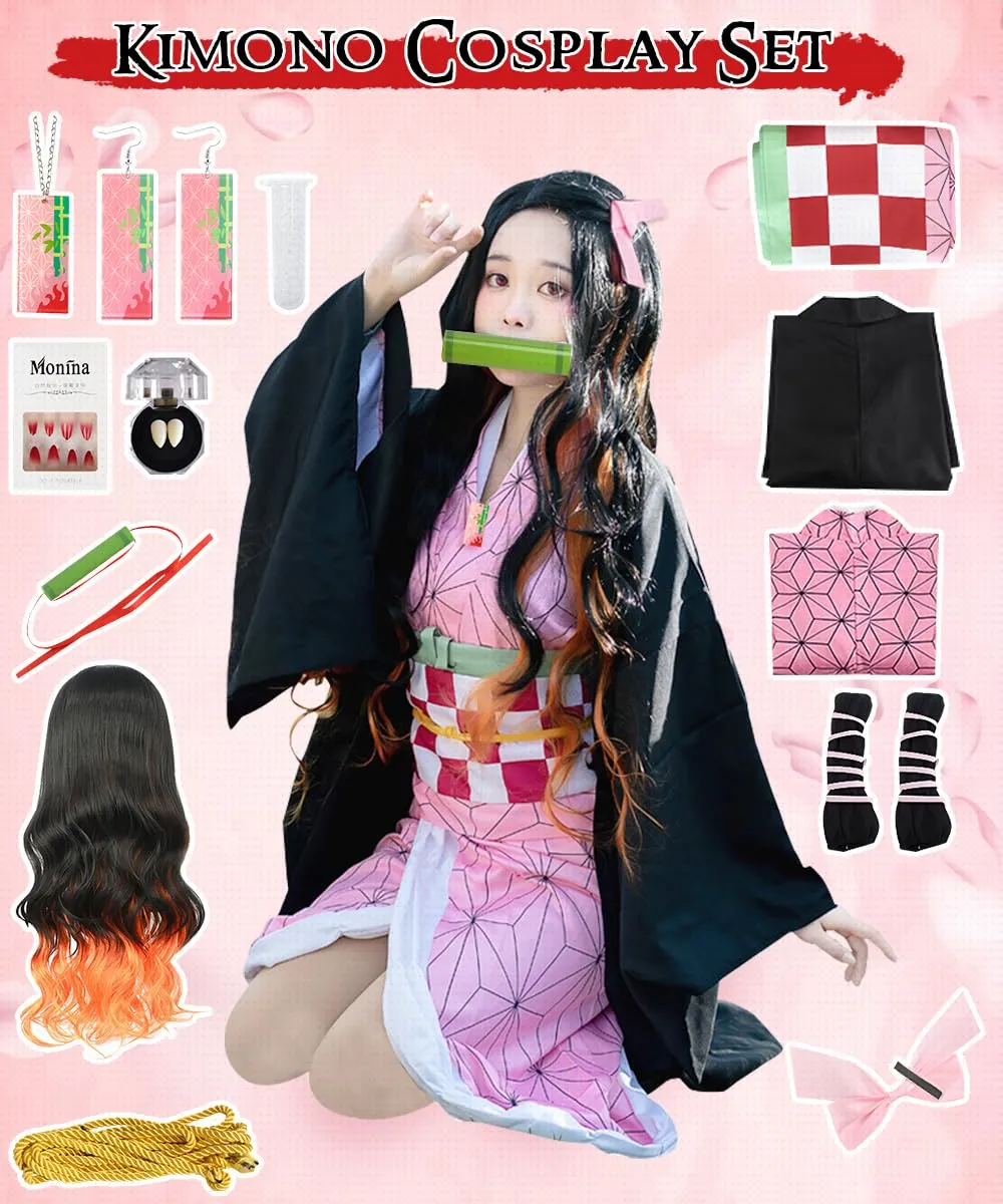 YYDSXK Nezuko Cosplay Costume Set with Kimono and Cloak - immagine 6