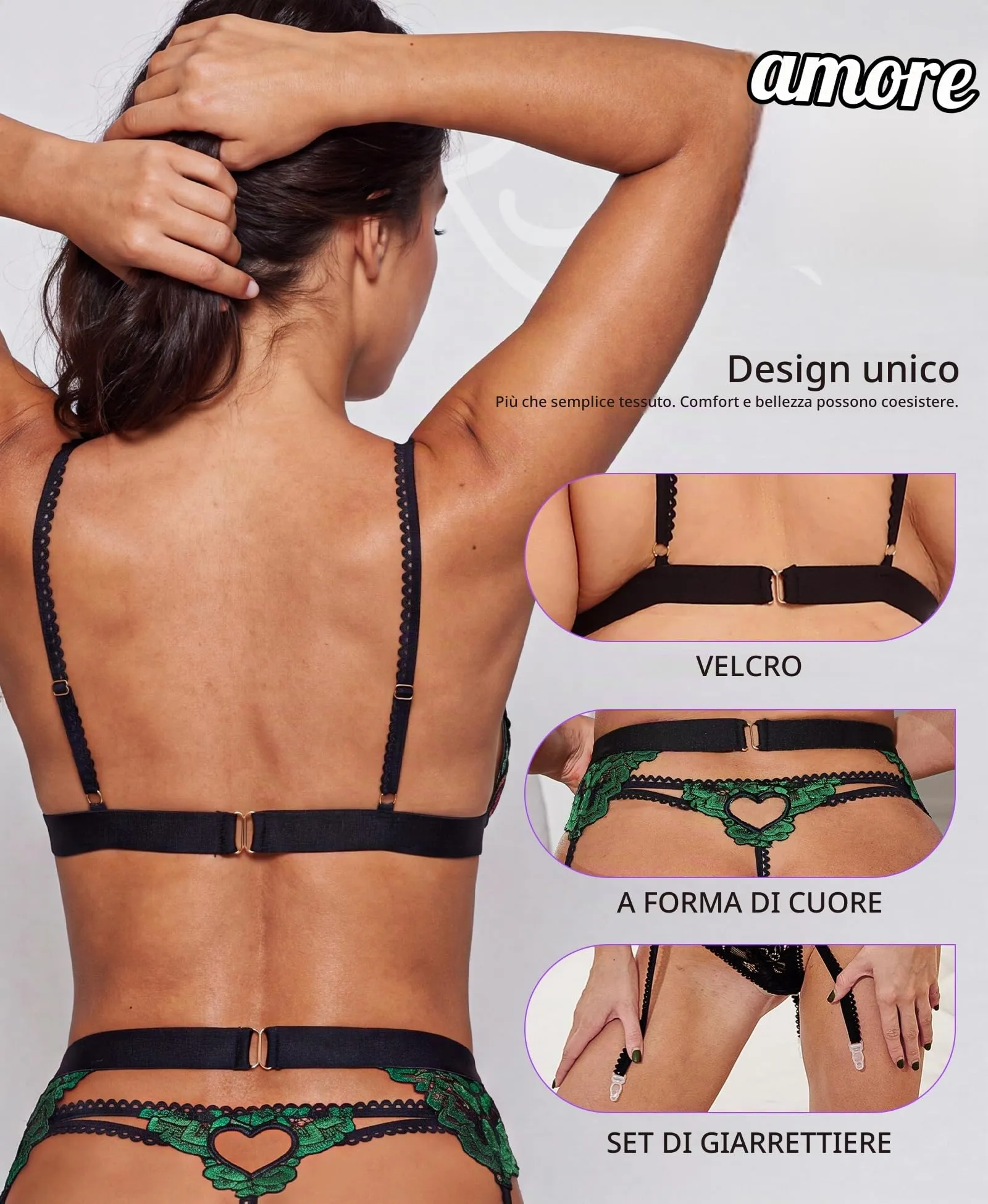 RSLOVE Set Lingerie da Donna con Giarrettiera, Reggiseno e Slip, Nero Verde, S - immagine 4