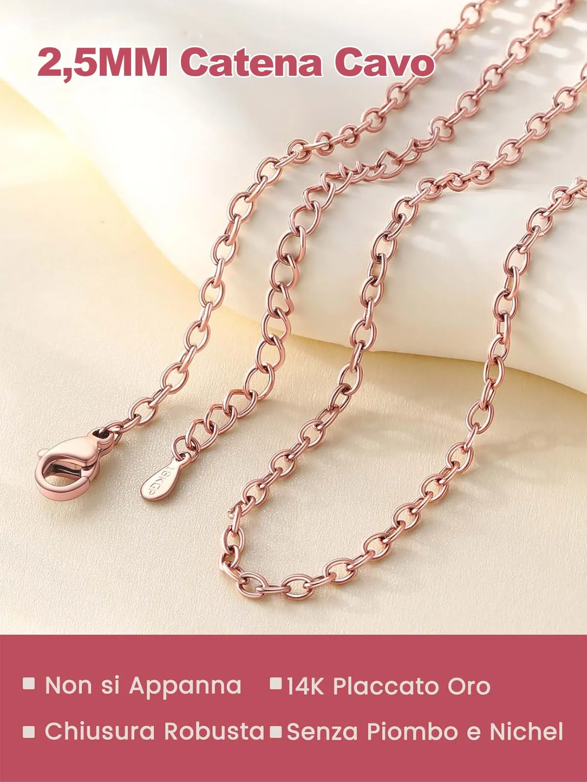 FOCALOOK Collana a Catena in Acciaio Inossidabile Oro Rosa 2mm, 36cm+5cm - immagine 4
