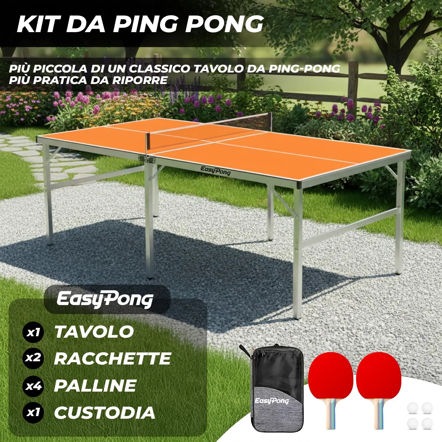 OriginalCup EasyPong Tavolo da Ping Pong Arancione 182x91cm con 2 Racchette e 4 Palline - immagine 2