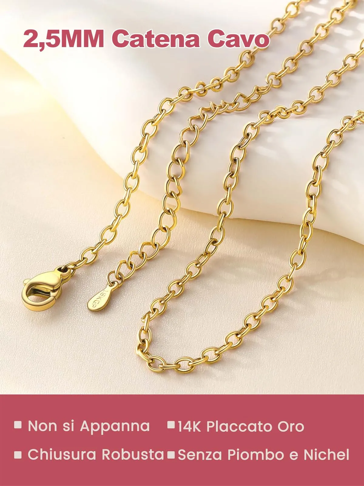 FOCALOOK Collana a Catena in Acciaio Inossidabile 2 mm, 36cm+5cm, Oro - immagine 4