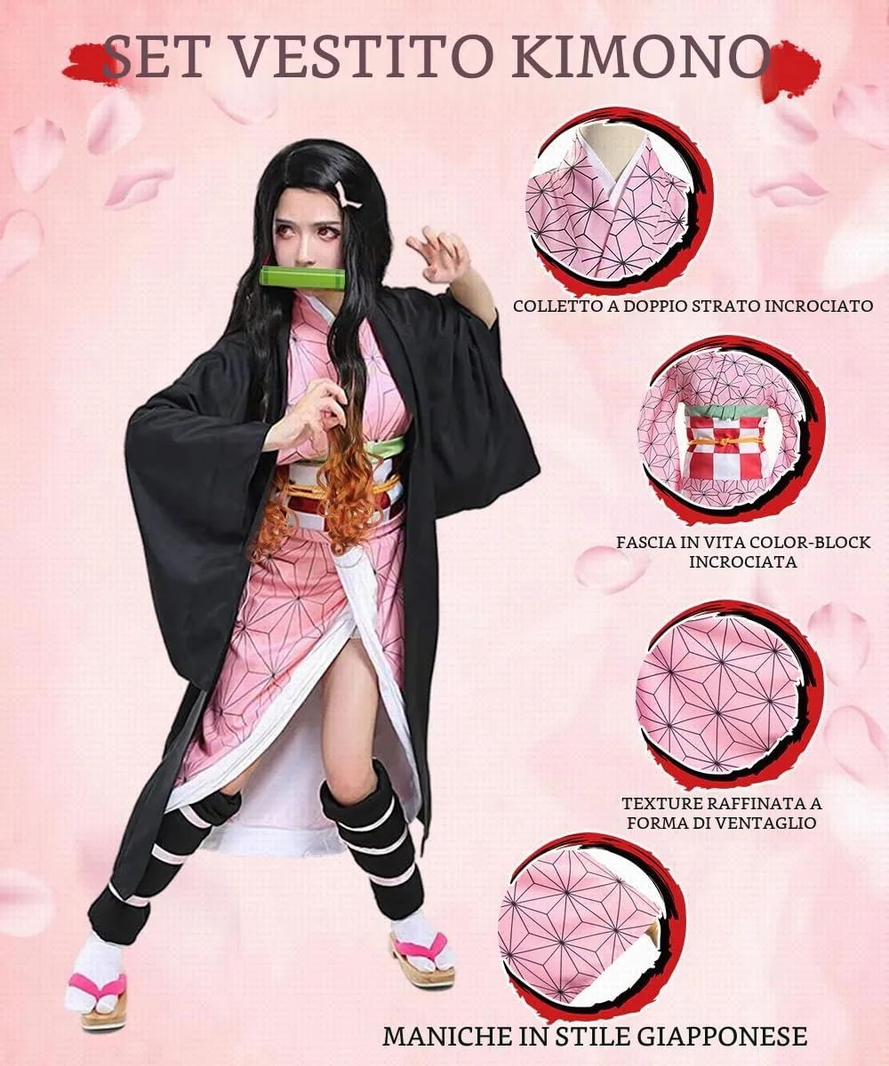 YYDSXK Nezuko Cosplay Costume Set with Kimono, Cloak, and Accessories - immagine 2
