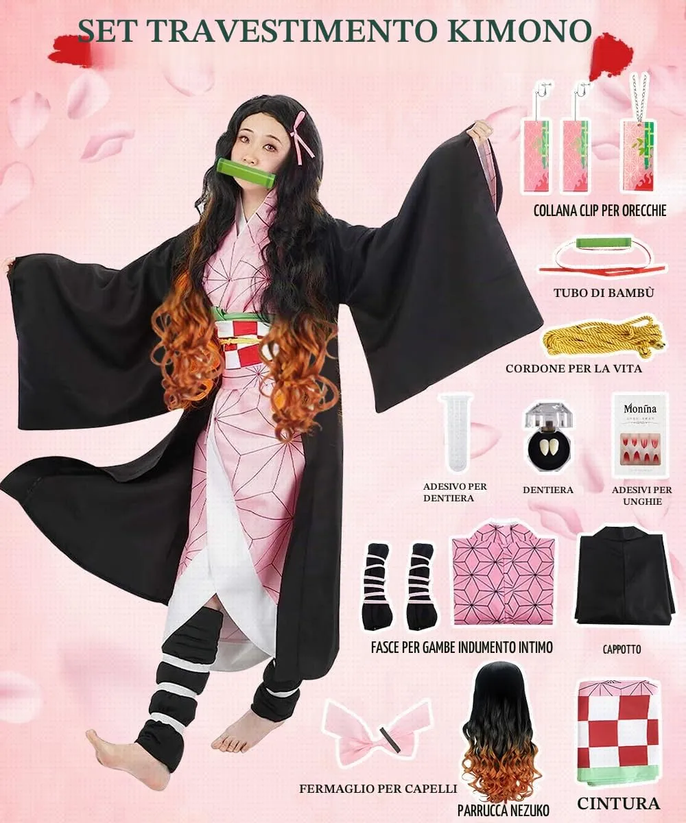 YYDSXK Nezuko Cosplay Costume Set with Kimono, Cloak, and Accessories - immagine 3