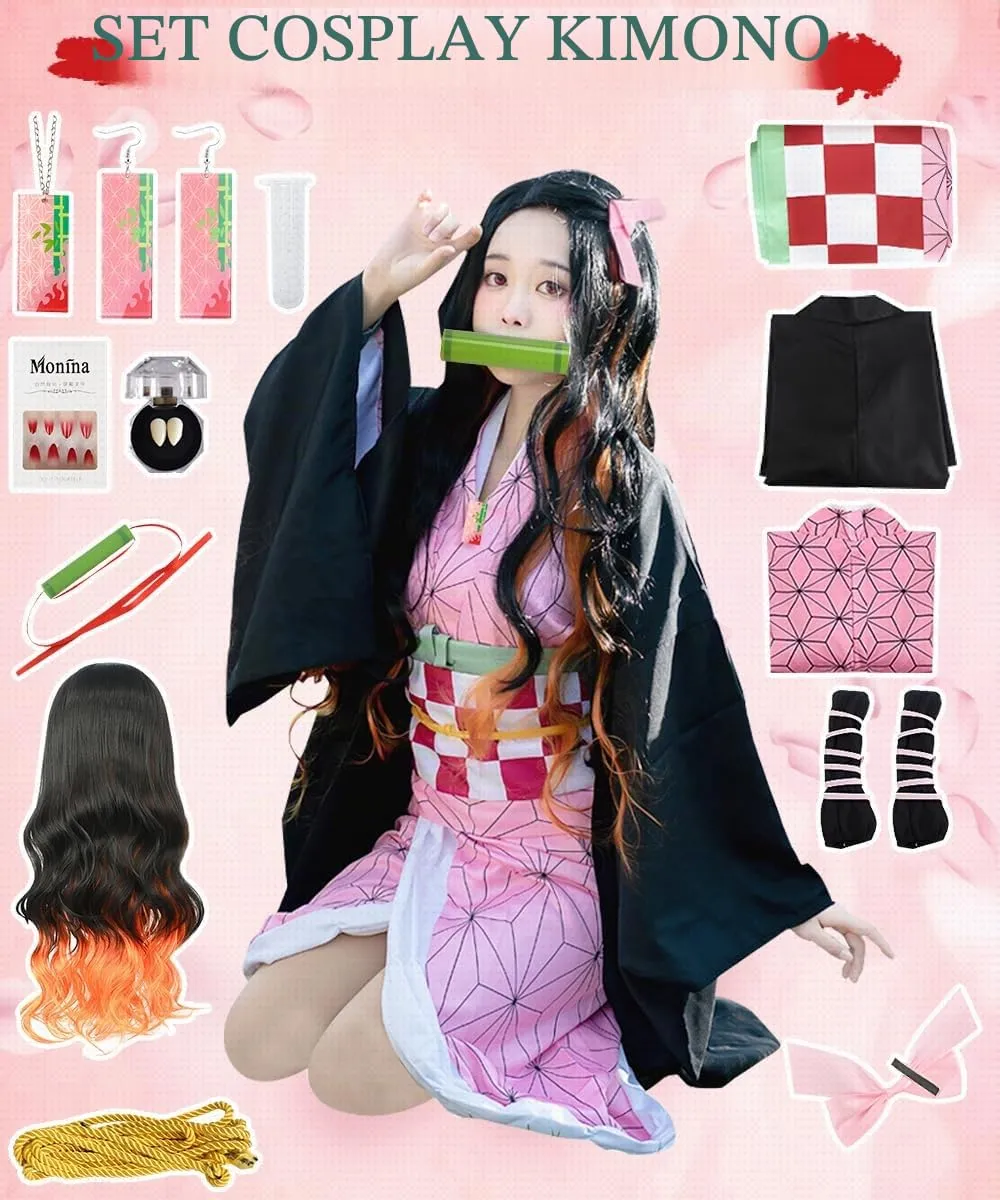 YYDSXK Nezuko Cosplay Costume Set with Kimono, Cloak, and Accessories - immagine 5