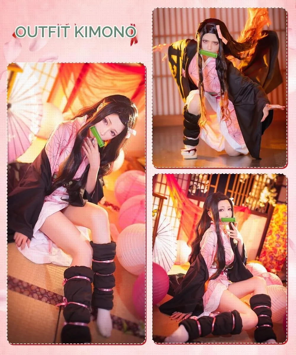 YYDSXK Nezuko Cosplay Costume Set with Kimono, Cloak, and Accessories - immagine 6