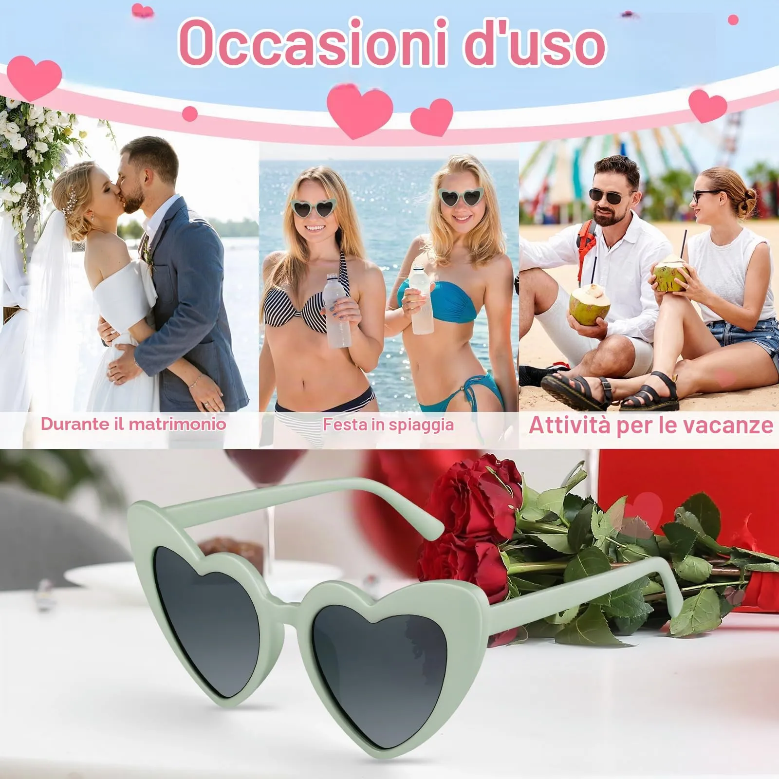 BOUBONI Occhiali da sole vintage a forma di cuore, Confezione da 12, Verde - immagine 4