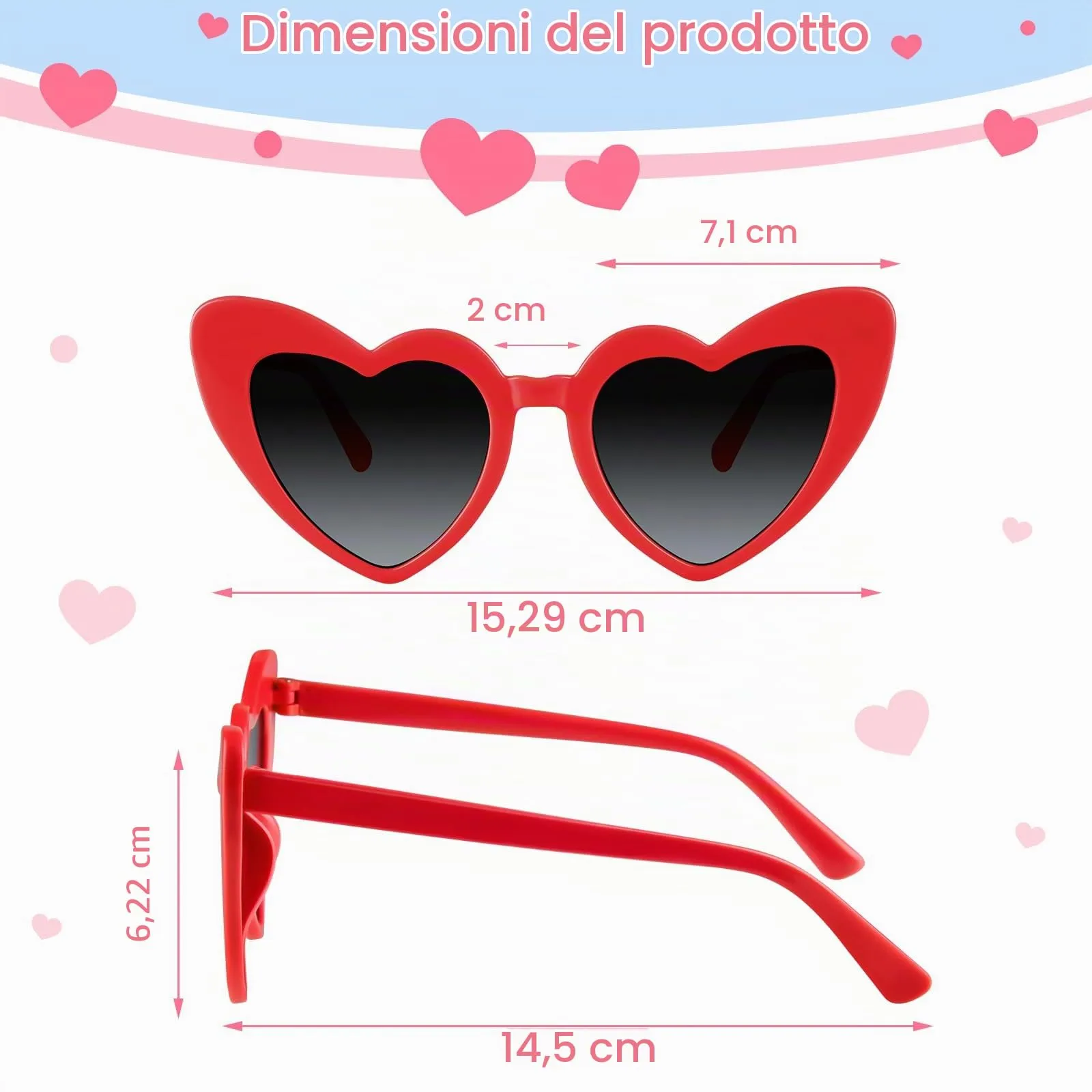 BOUBONI Occhiali da sole vintage a forma di cuore, Rosso, 15.3cm - immagine 2