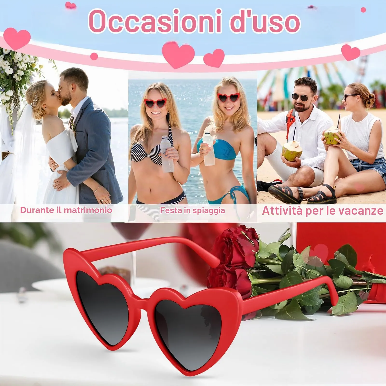 BOUBONI Occhiali da sole vintage a forma di cuore, Rosso, 15.3cm - immagine 4