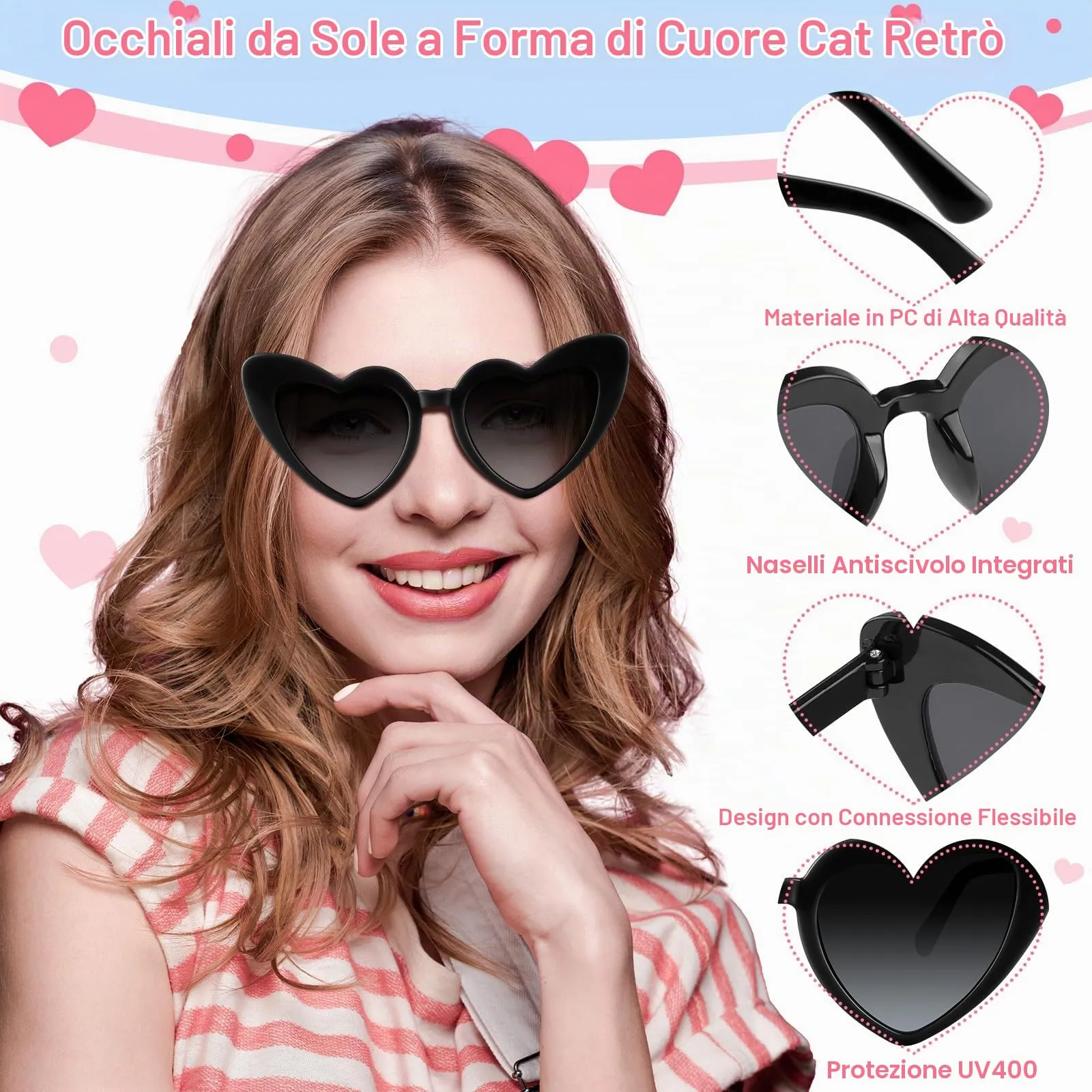 BOUBONI Occhiali da sole a forma di cuore vintage, Nero, 15.3cm - immagine 3