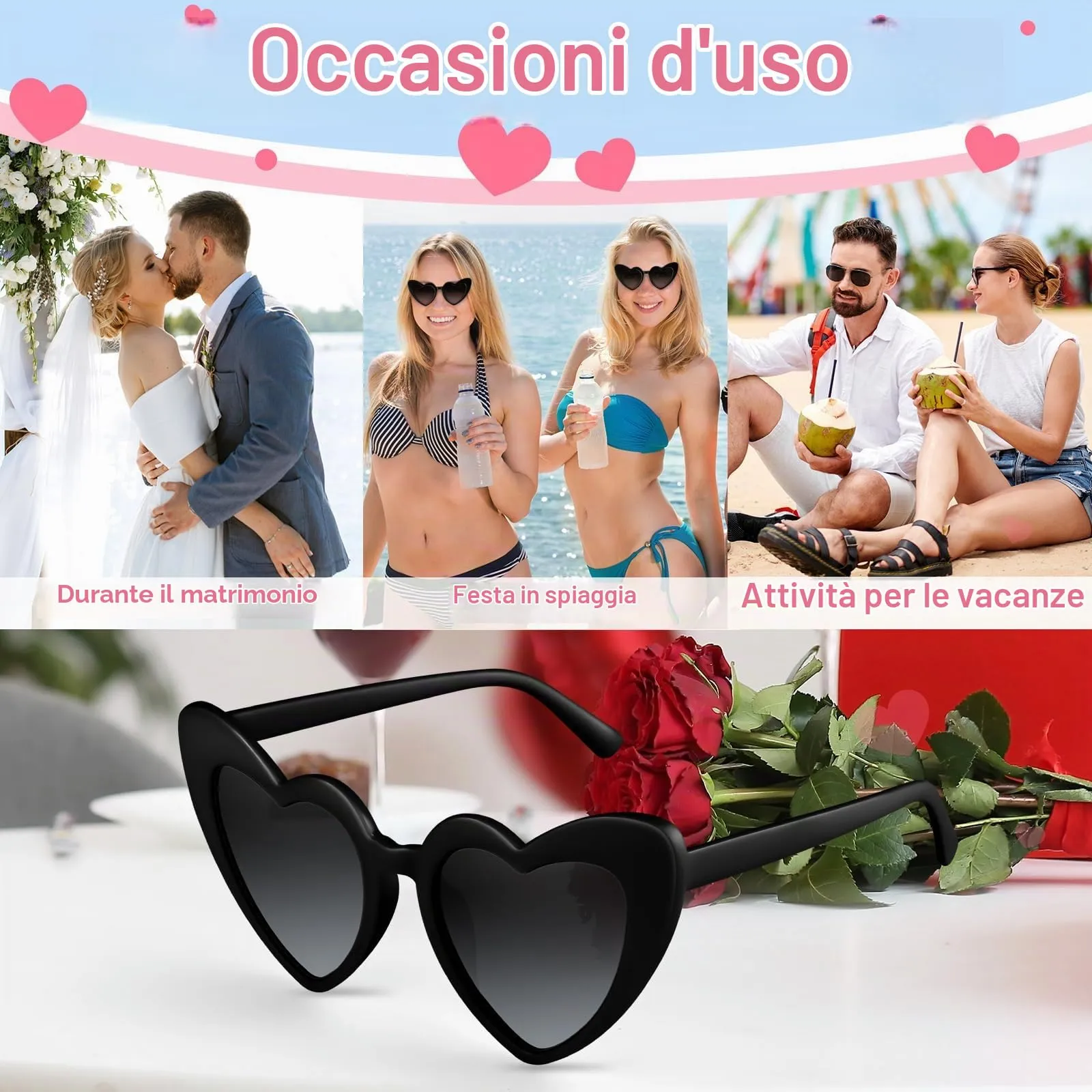BOUBONI Occhiali da sole a forma di cuore vintage, Nero, 15.3cm - immagine 4