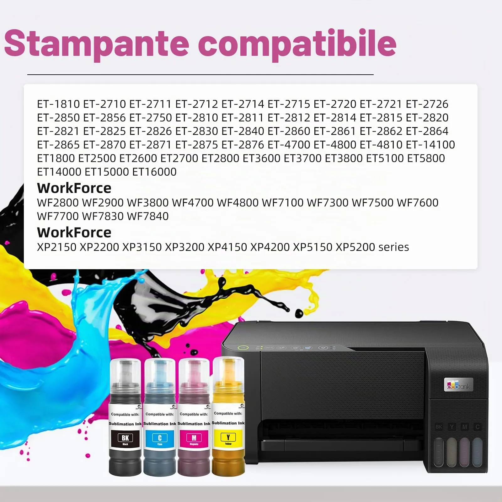 JoyPrinting Inchiostro a Sublimazione per ET-2810, 1810, 2710, 2714, 2711, 2726, 2850, 2820, 2830, 2815, 2856, 2876, 2750, 2700, 2870, 2871, 2811, 2860, 2861, 3850, 4850, 4500, 2650 (BK/C/M/Y) - immagine 2
