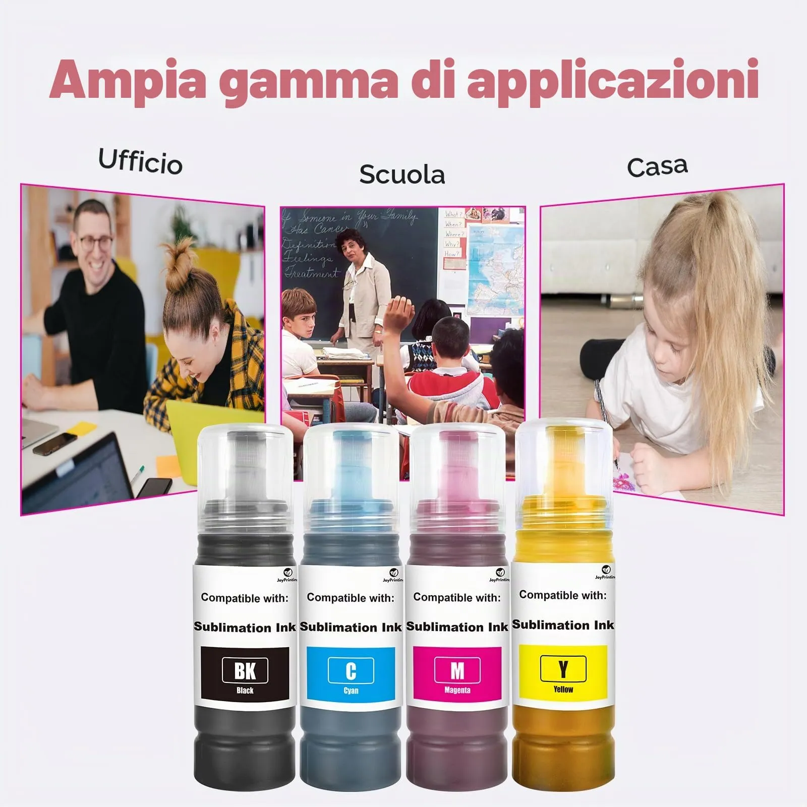 JoyPrinting Inchiostro a Sublimazione per ET-2810, 1810, 2710, 2714, 2711, 2726, 2850, 2820, 2830, 2815, 2856, 2876, 2750, 2700, 2870, 2871, 2811, 2860, 2861, 3850, 4850, 4500, 2650 (BK/C/M/Y) - immagine 8