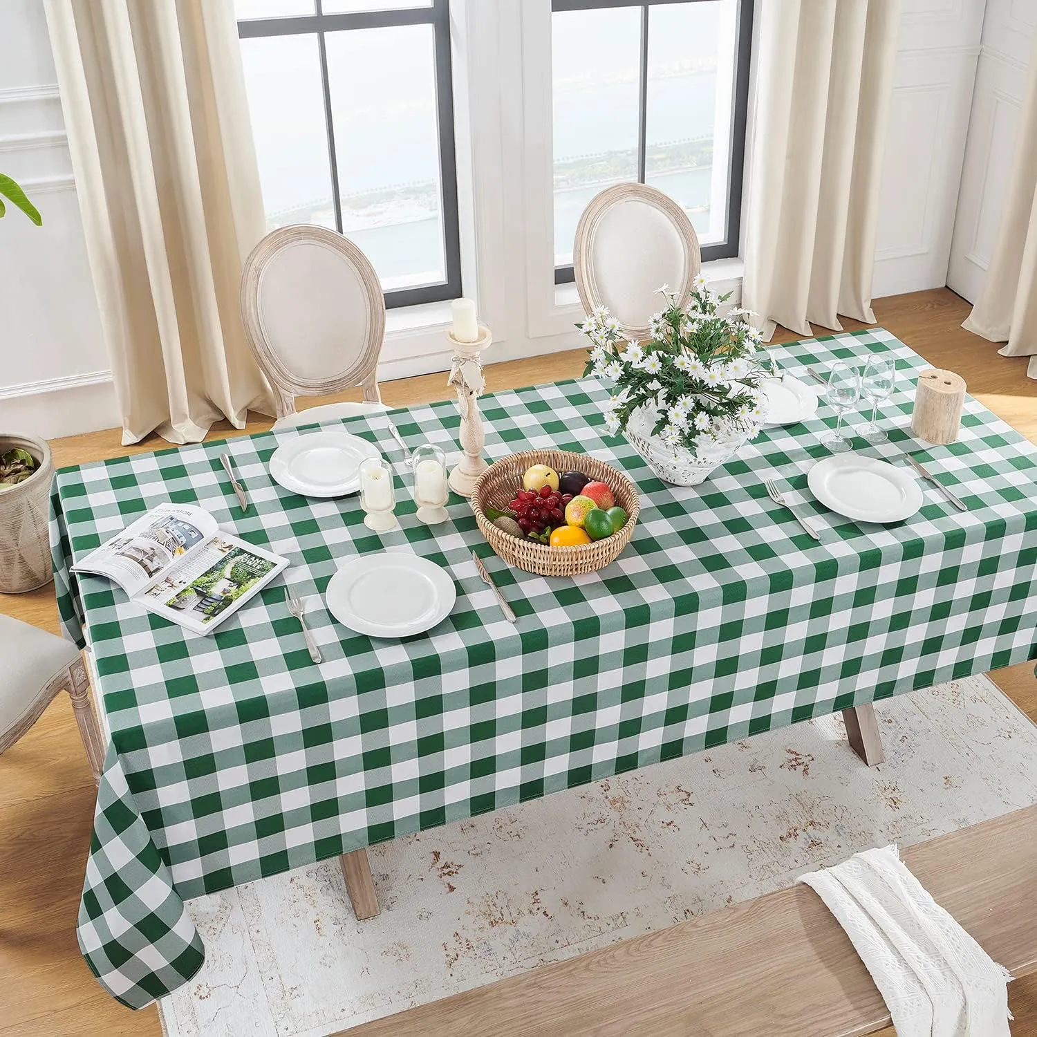 Softalker Tovaglie Rettangolari a Quadretti in Poliestere, Impermeabili e Antimacchia, 152,4 x 259,1 cm, Verde e Bianco, Set da 2 - immagine 2