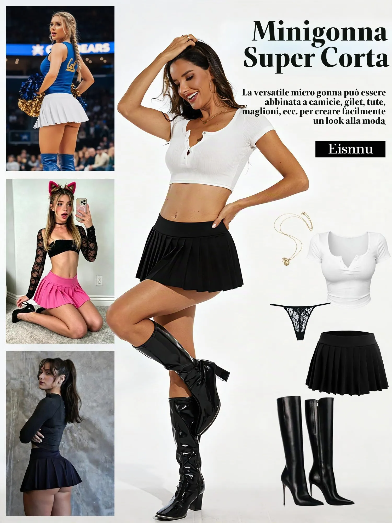 Eisnnu Minigonna a Pieghe da Donna, Elasticizzata, Tinta Unita, Nero, XL - immagine 4