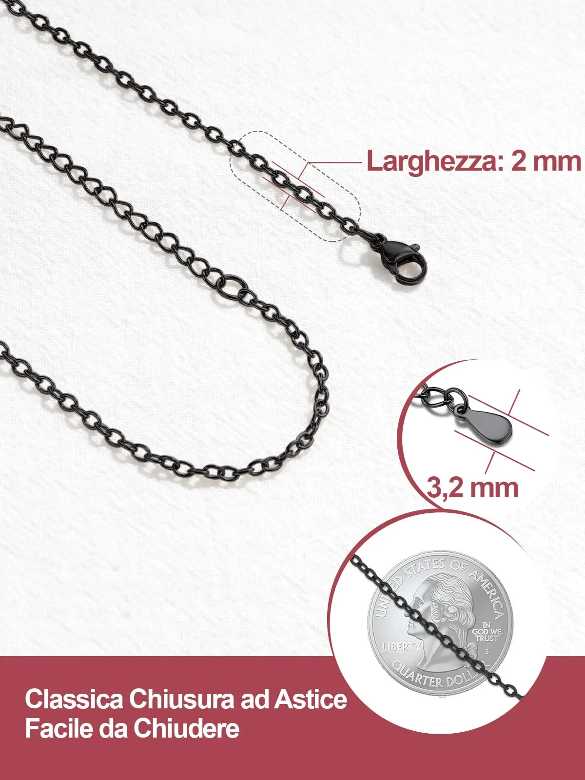 FOCALOOK Collana in Acciaio Inossidabile Nera 2mm per Uomo e Donna, 36cm+5cm - immagine 6