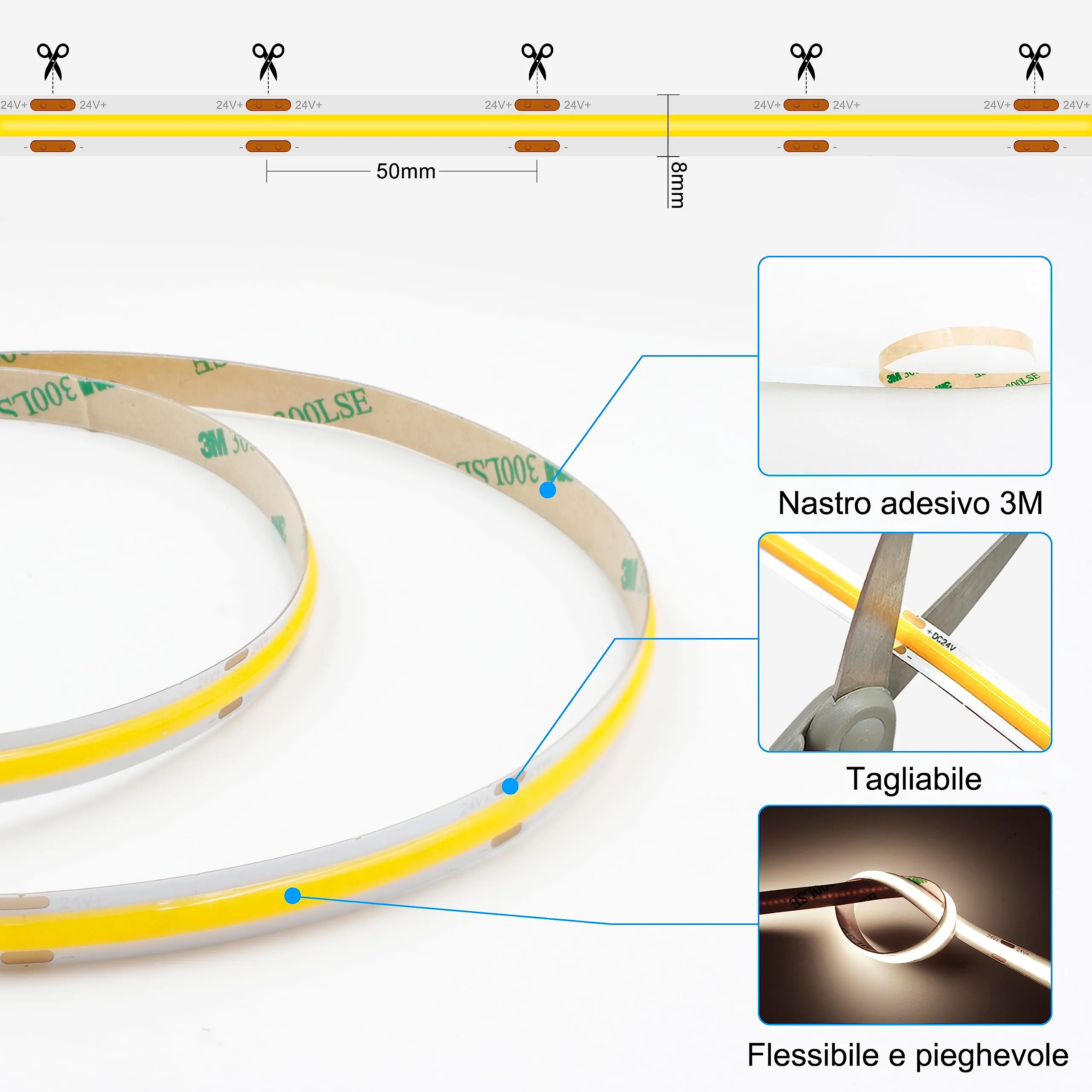 AXMOTUT Striscia LED COB 2m 24V Bianco Naturale 4000K, 320LEDs/m, CRI90+, con Alimentatore e Telecomando RF - immagine 3