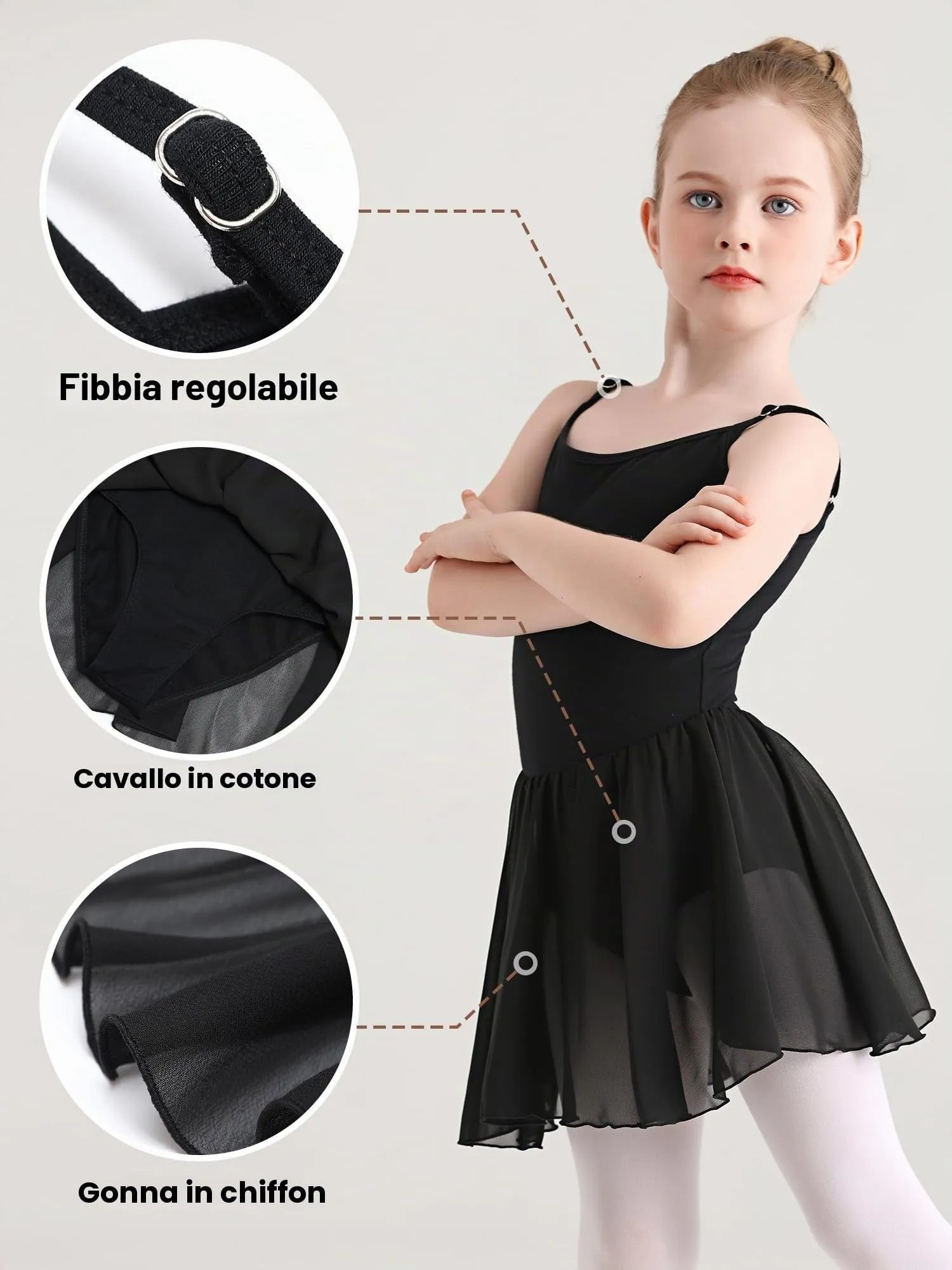 Eisnnu Vestito da Balletto e Ginnastica per Ragazza in Cotone con Gonna in Chiffon, Nero, Taglia 100 - immagine 3