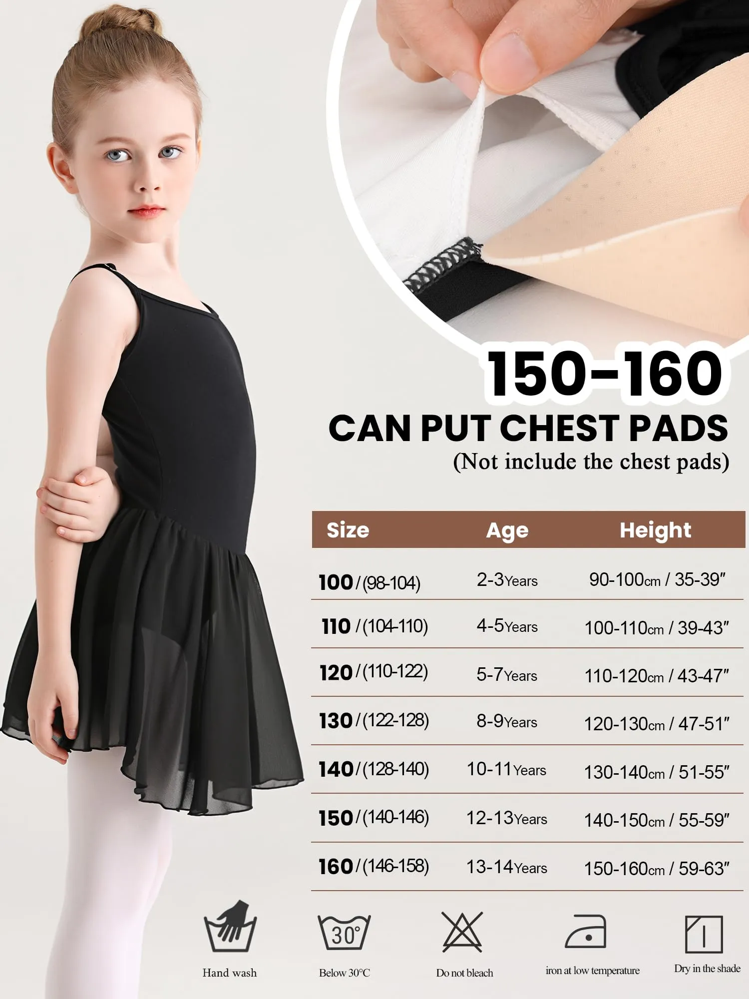 Eisnnu Vestito da Balletto e Ginnastica per Ragazza in Cotone con Gonna in Chiffon, Nero, Taglia 110 - immagine 4