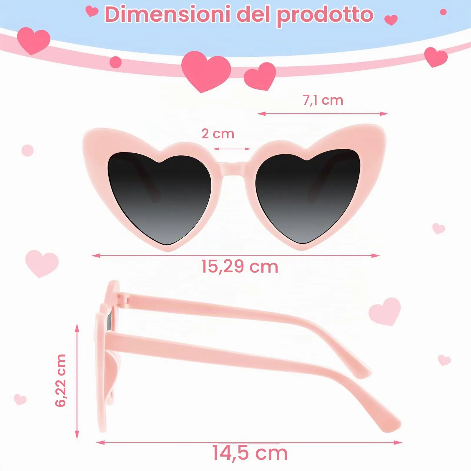 BOUBONI Occhiali da Sole Vintage a Forma di Cuore, Rosa, 15.3cm - immagine 2