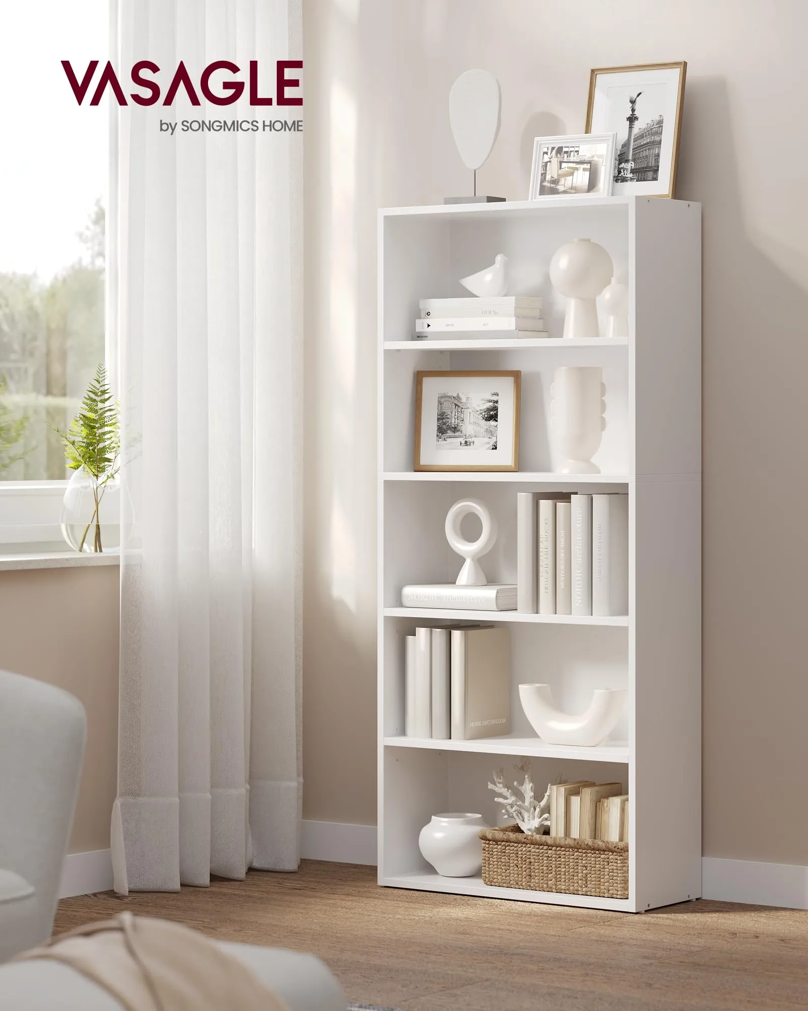 VASAGLE Scaffale a 5 Ripiani, Libreria con Ripiani Regolabili, Bianco Nuvola LBC165T14 - immagine 2