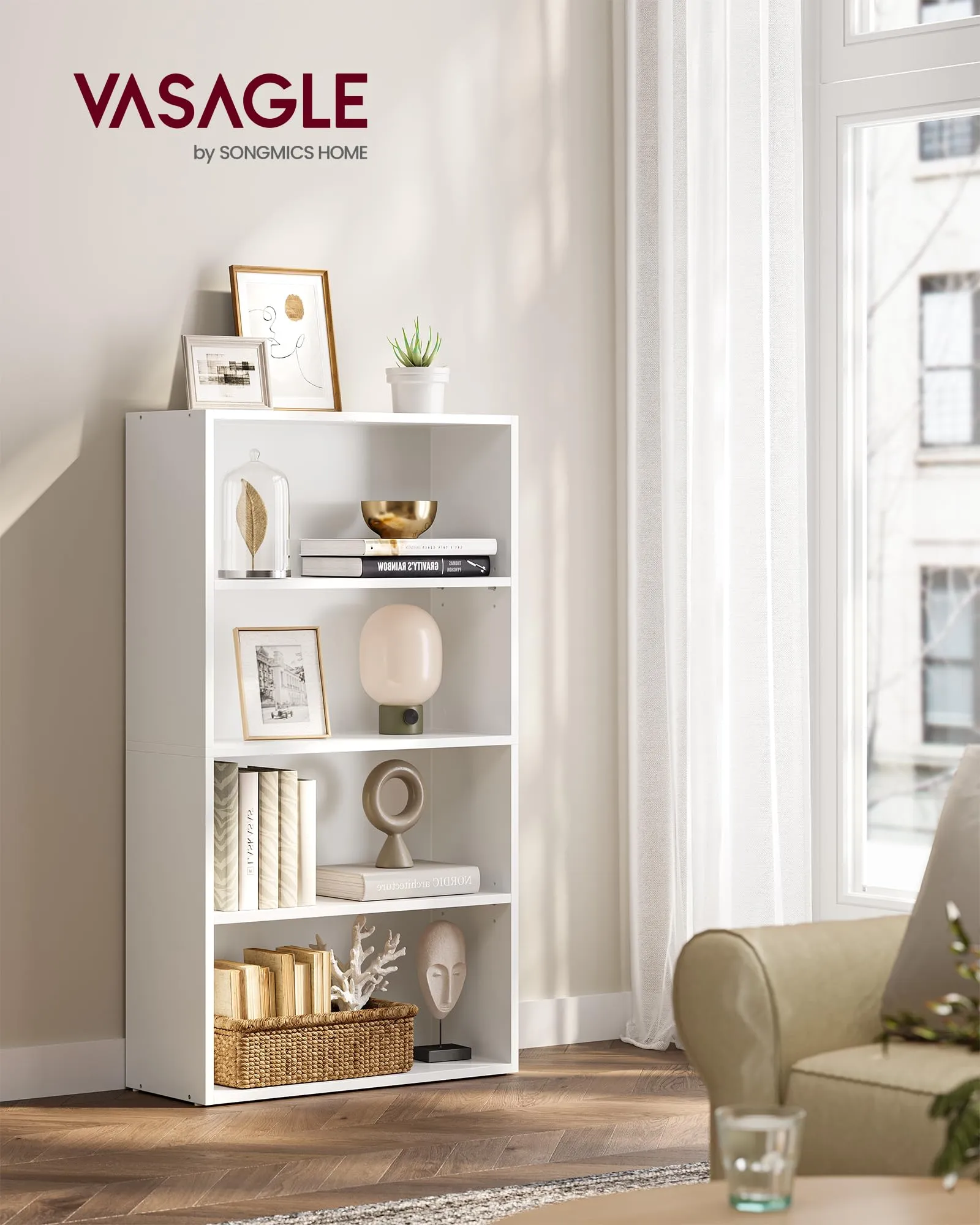 VASAGLE Scaffale a 4 Ripiani, Libreria con Scomparti Regolabili, Bianco Nuvola LBC164T14 - immagine 2