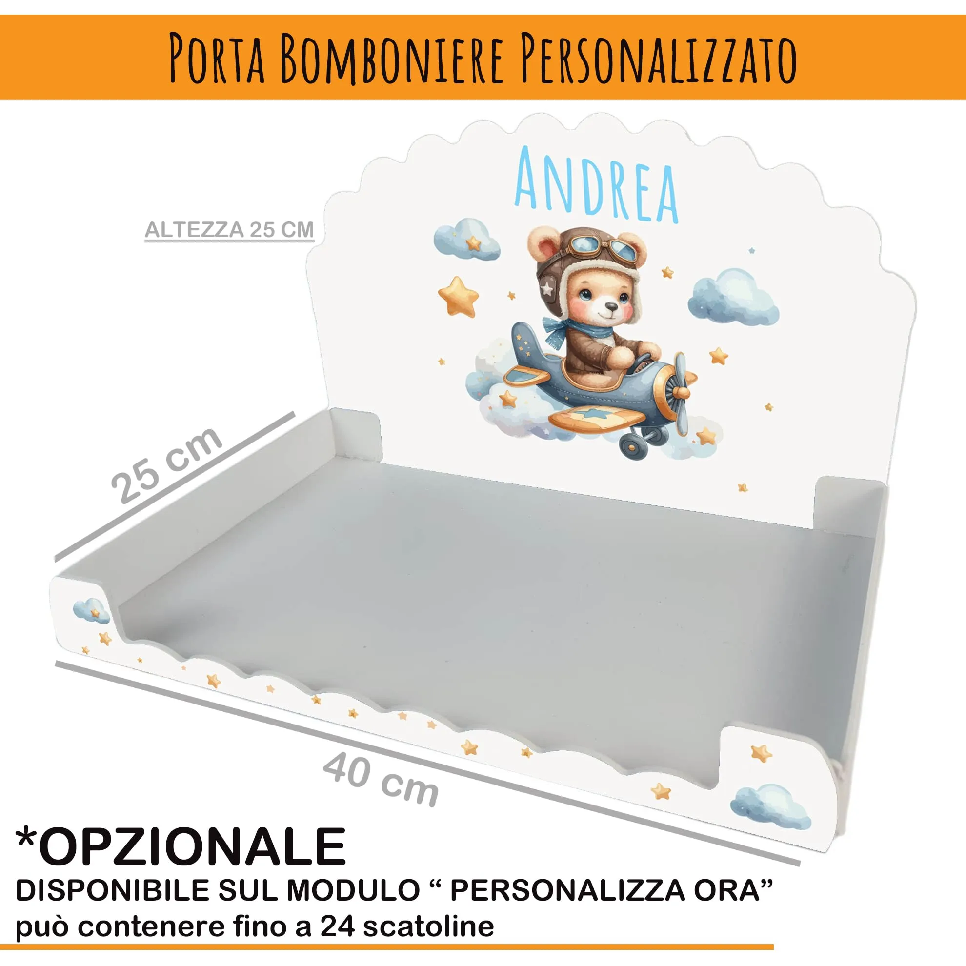PV Grafik Scatoline Portaconfetti Nascita e Battesimo Personalizzate, 24+24 con Bigliettino e Nastrino, Orsetto Pilota e Aeroplano (Tunna87) - immagine 3