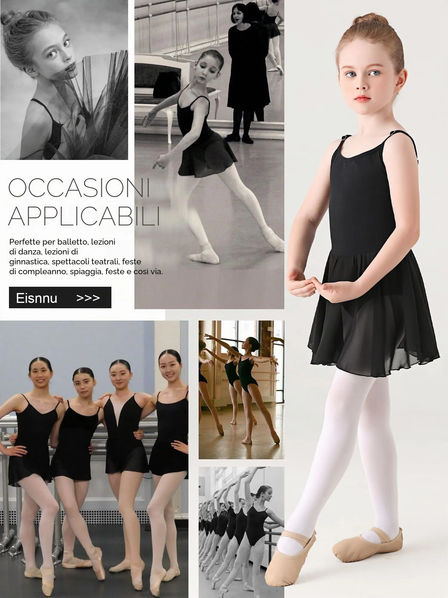 Eisnnu Vestito da Balletto Ginnastica Leotard in Cotone con Gonna in Chiffon per Bambina, 2-14 Anni, Nero, 140 - immagine 6