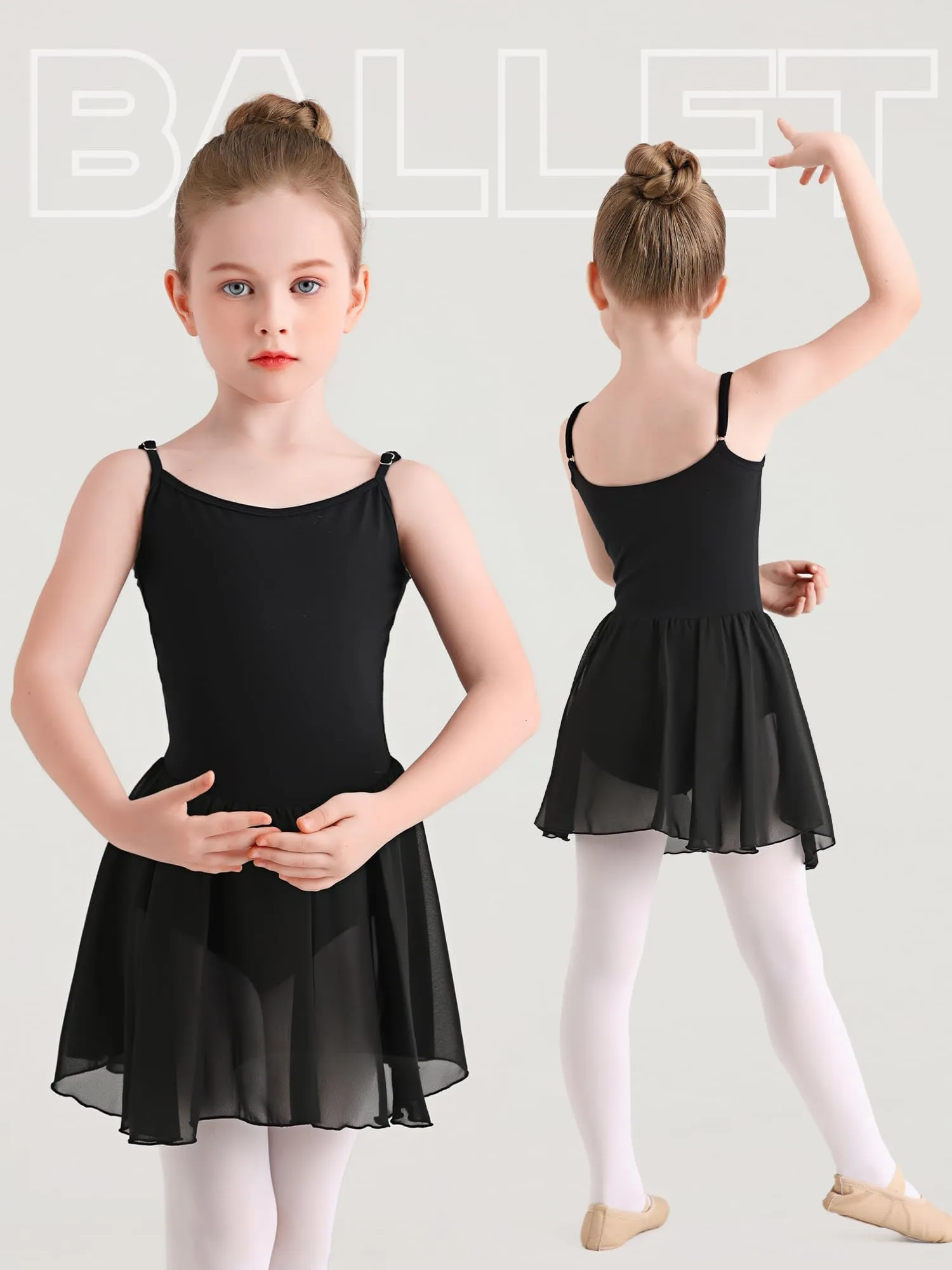 Eisnnu Vestito da Balletto e Ginnastica per Ragazza, Leotard in Cotone Senza Maniche con Gonna in Chiffon, Nero, 150 - immagine 2