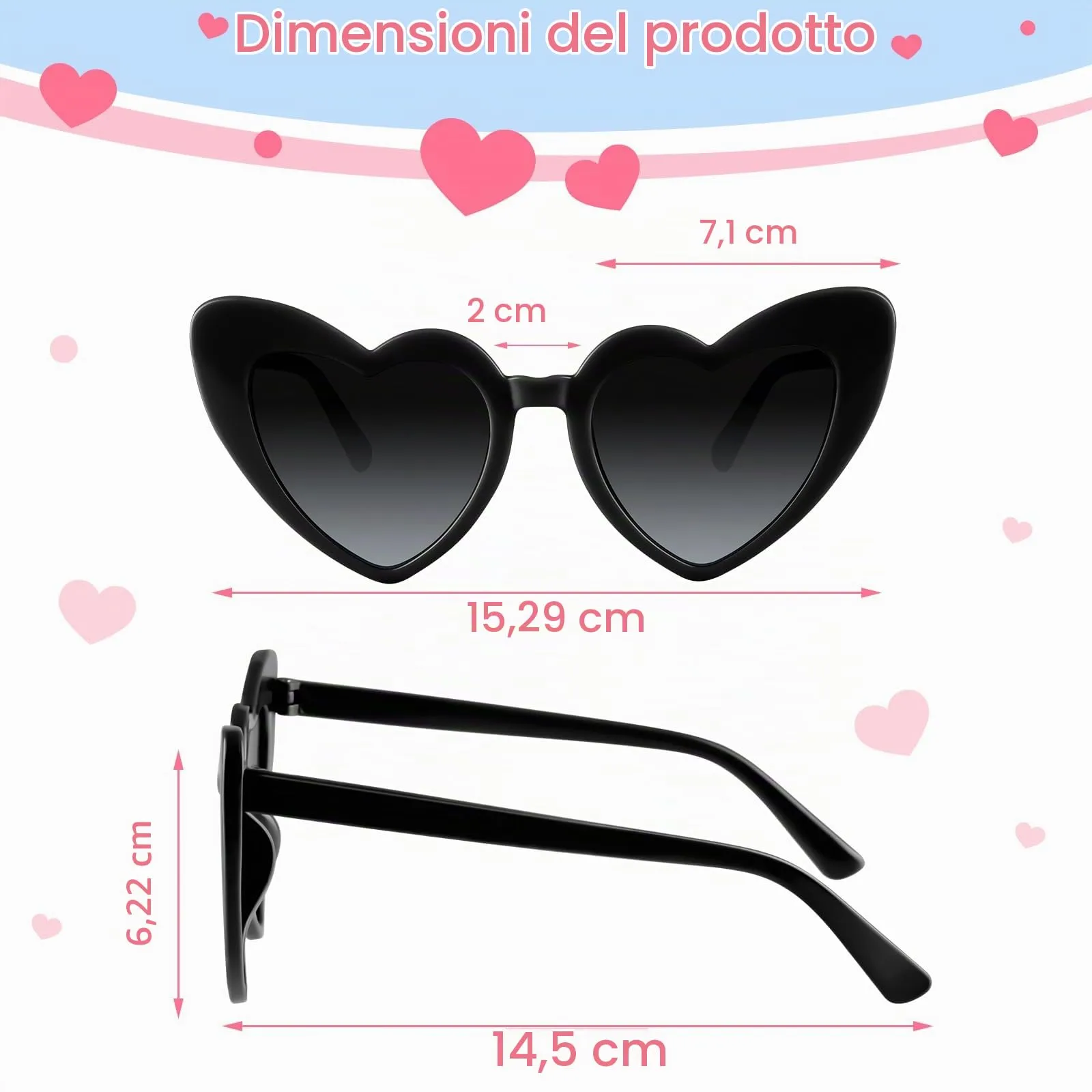 BOUBONI Occhiali da sole vintage a forma di cuore, Nero, Set da 12 paia, 15.3cm - immagine 2