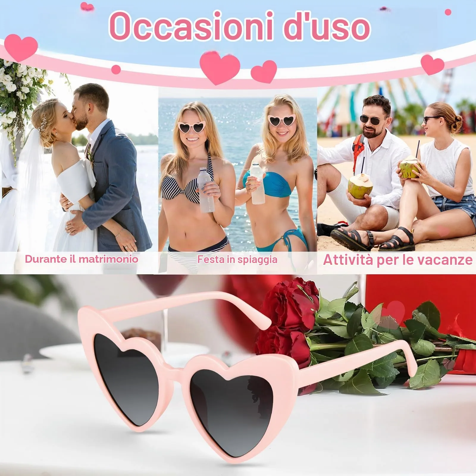 BOUBONI Occhiali da sole a forma di cuore vintage, Confezione da 12, Rosa - immagine 4