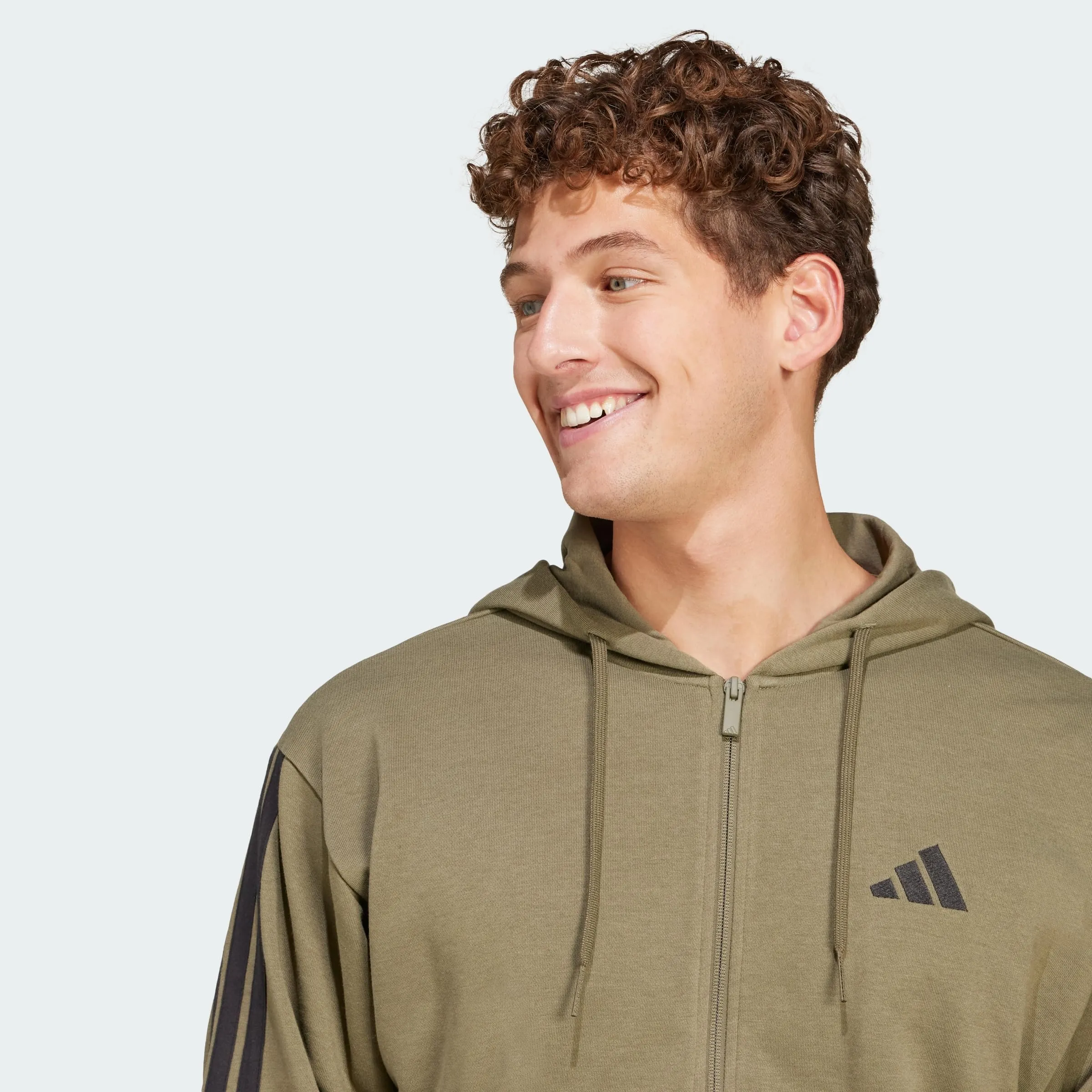 adidas Essential Three Stripes French Terry Fullzip Hoodie, Olive Strata/Black, S - immagine 2