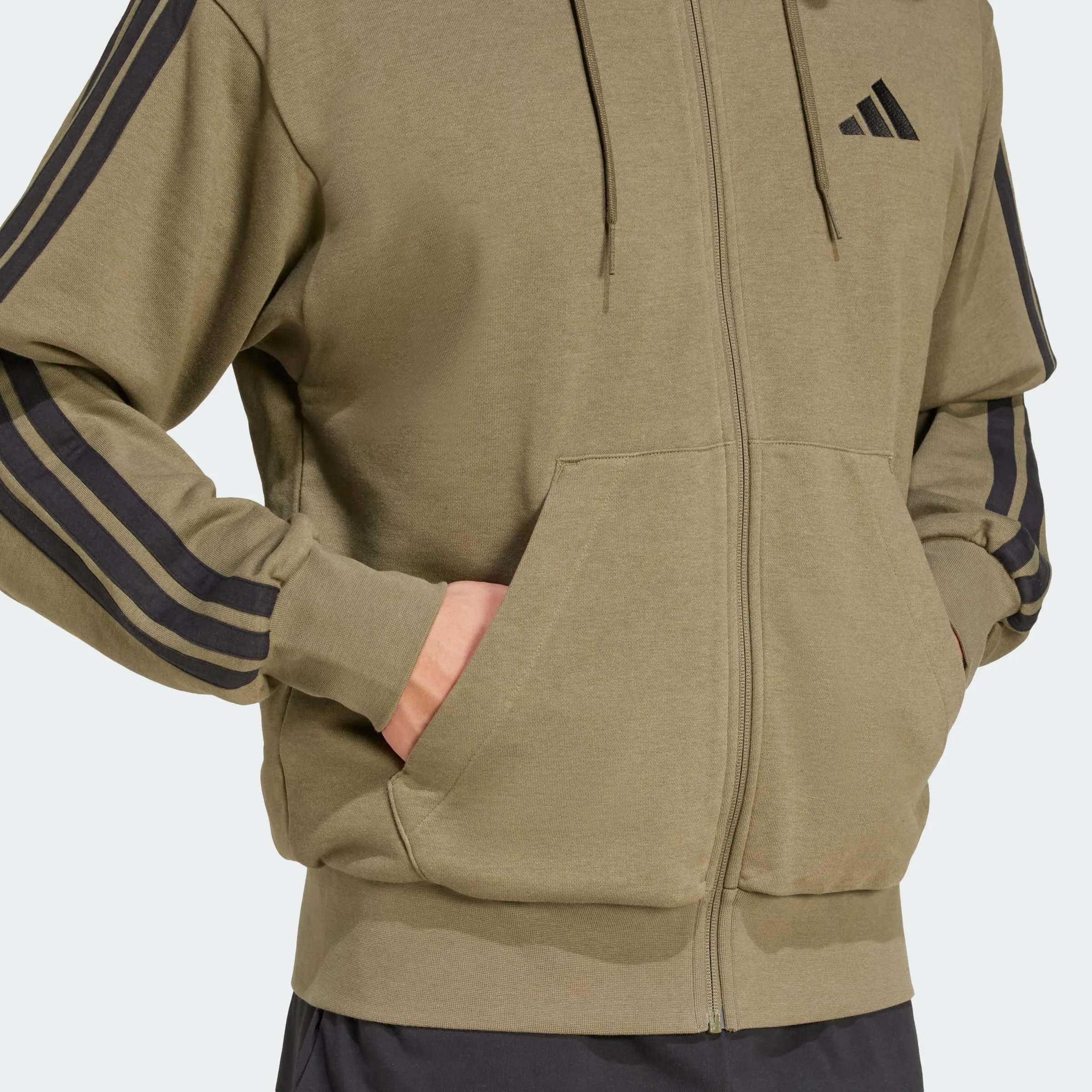 adidas Essential Three Stripes French Terry Fullzip Hoodie, Olive Strata/Black, S - immagine 3