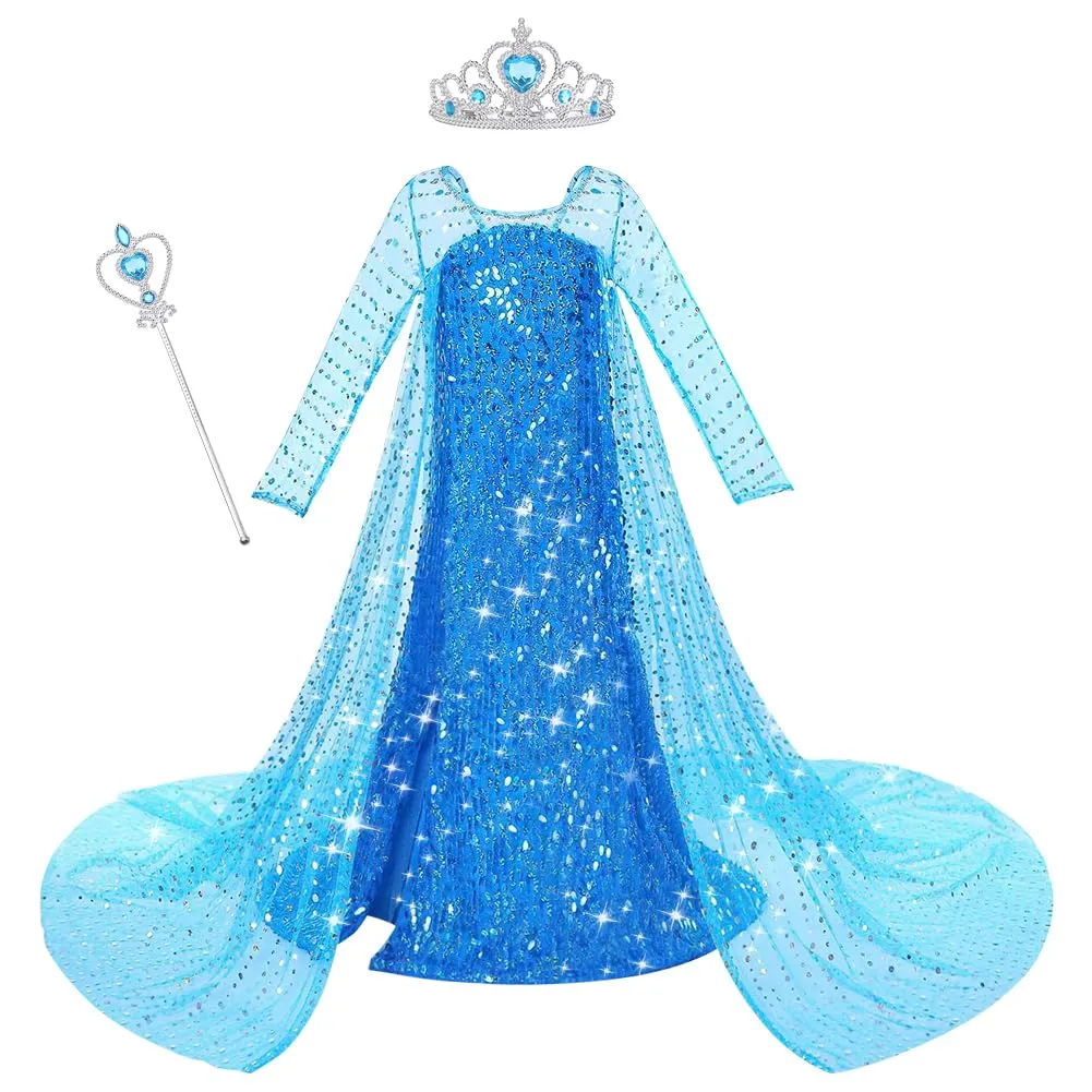ACWOO Costume Vestito Principessa Bambina con Corona e Bacchetta, A Pois, Taglia 140 - immagine 1