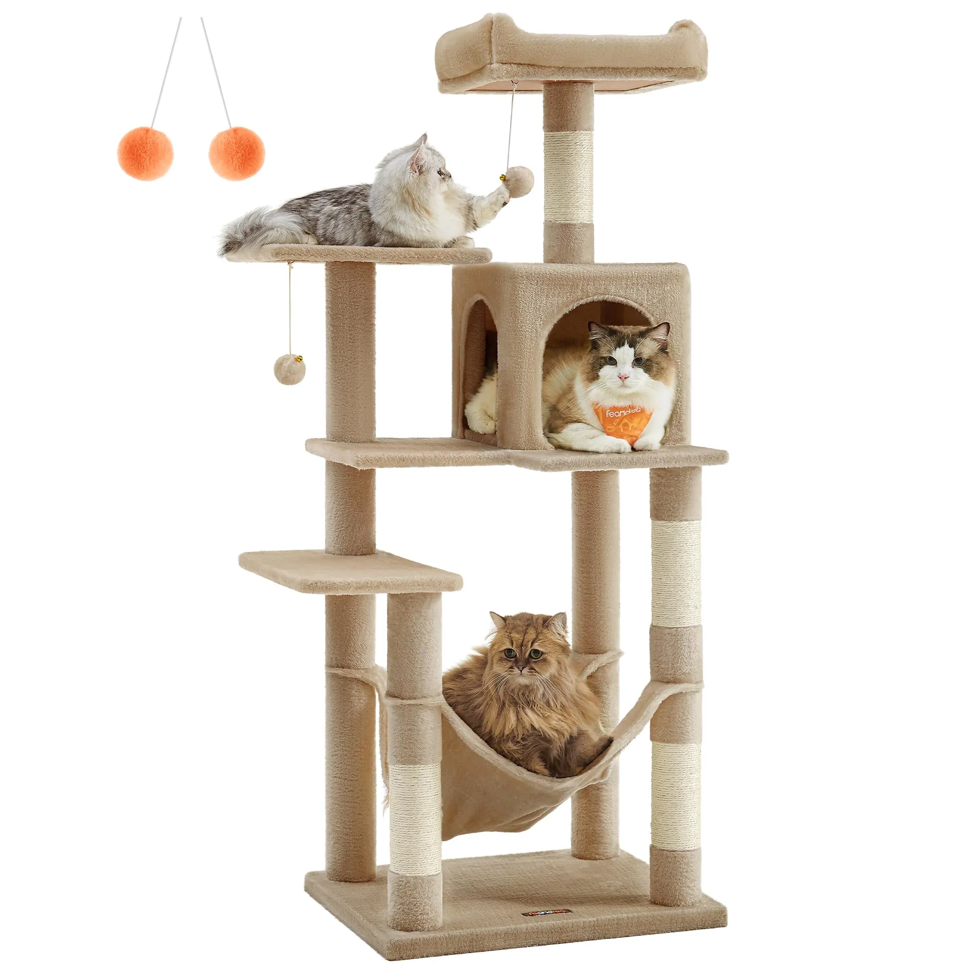 Feandrea Albero per Gatti, 143 cm, 4 Pali Graffiatoi, Multi Livello, Marrone Cammello - immagine 1